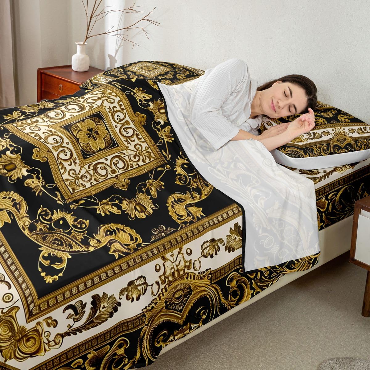 Erosebridal Boho Chic Floral Bed Sheets Set Full Hippie Paisley Sheet Set Vintage Boho Sheets Golden Black Flat Fitted Sheet