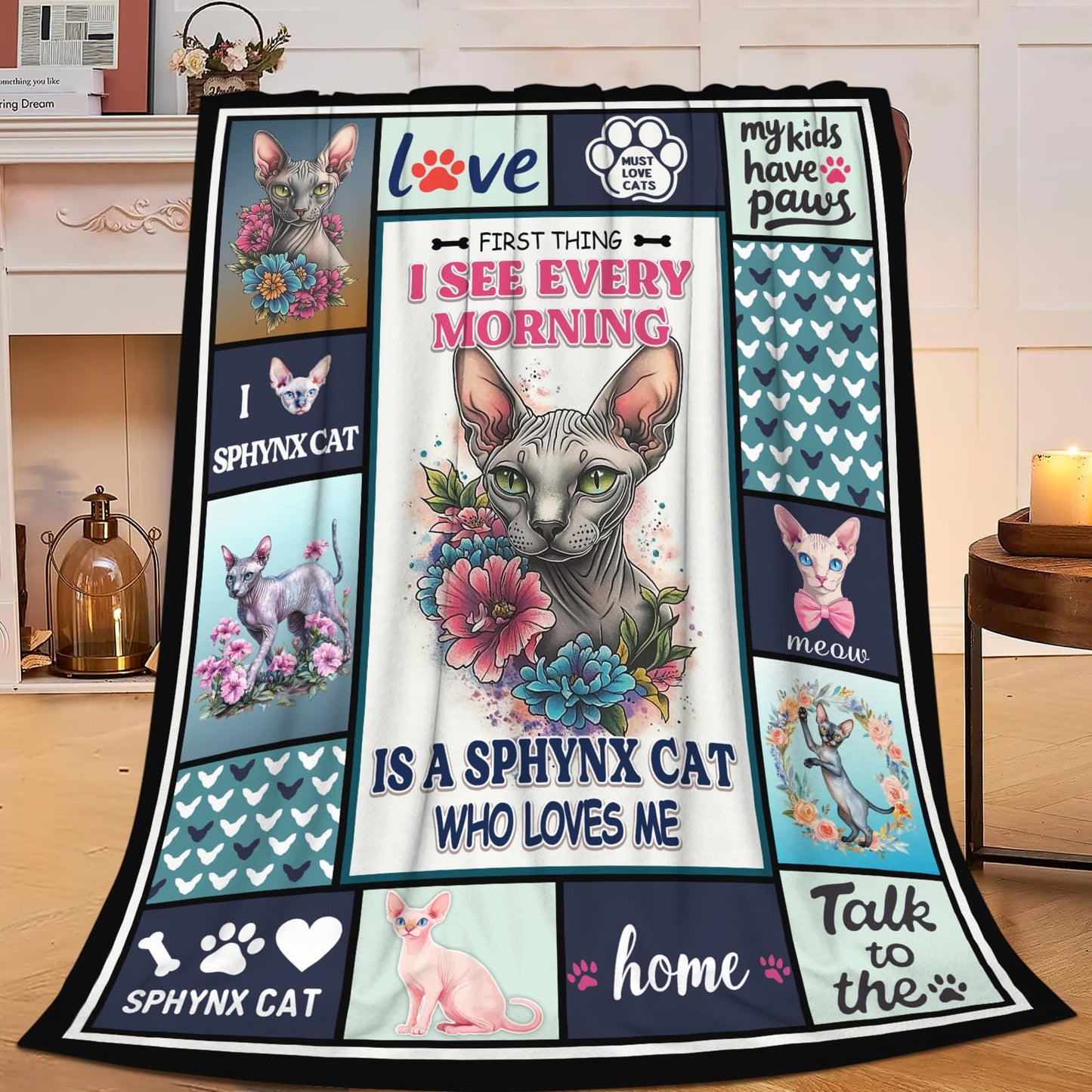 Lovira Sphynx Cat Throw Blanket Hairless Cat Print Throw Blankets Gifts for Couch Sofa Bed Stuff Decor Soft Cozy Fleece Plush Warm Flannel Bedding for Lover Men Women Boys Girls 40"x50"