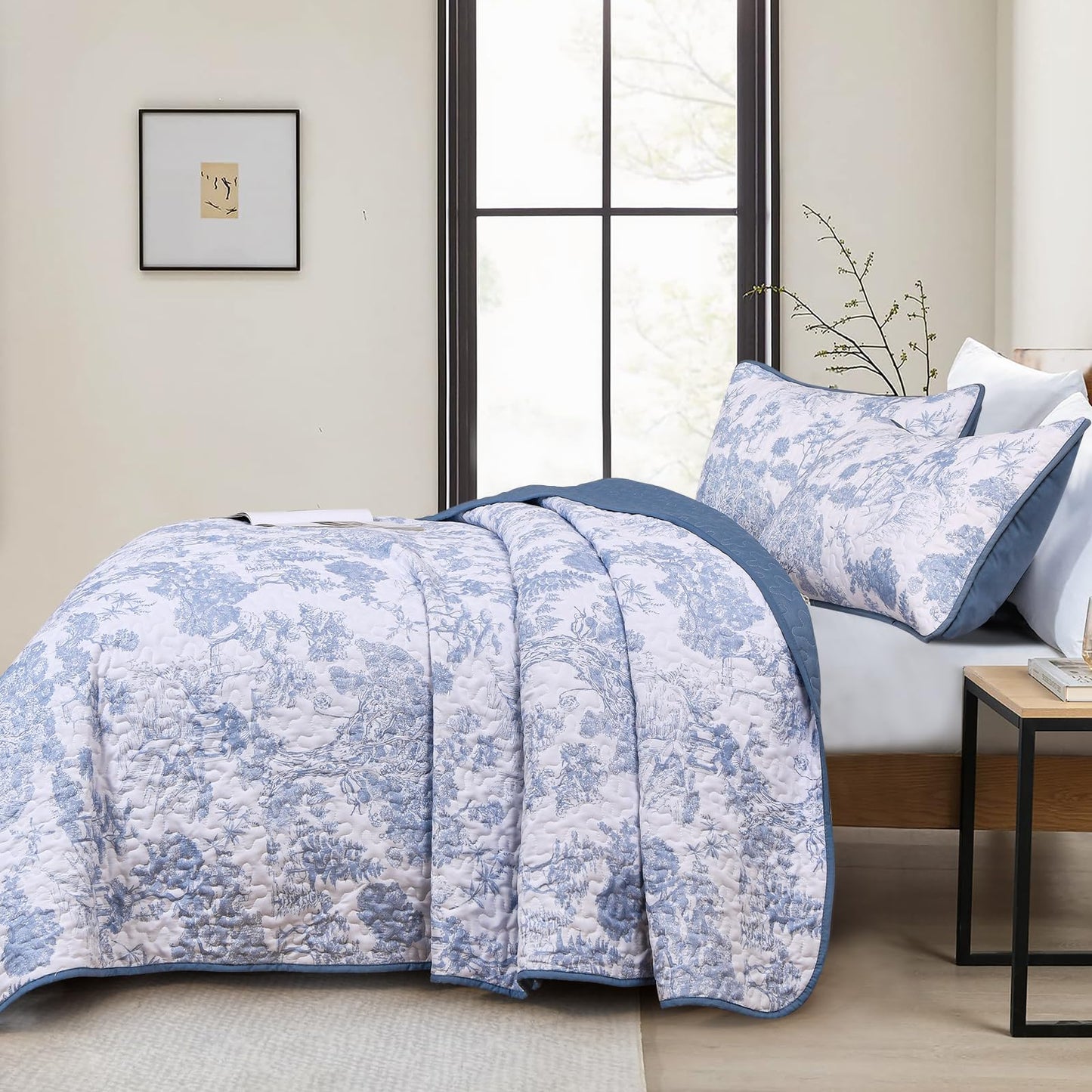 WONGS BEDDING Blue Quilt Set Queen Size, 3 Pieces Botanical Bedspreads Set Lightweight Microfiber Blue Toile Plants Pattern Coverlet Home Decor for All Seasons(96"×90")