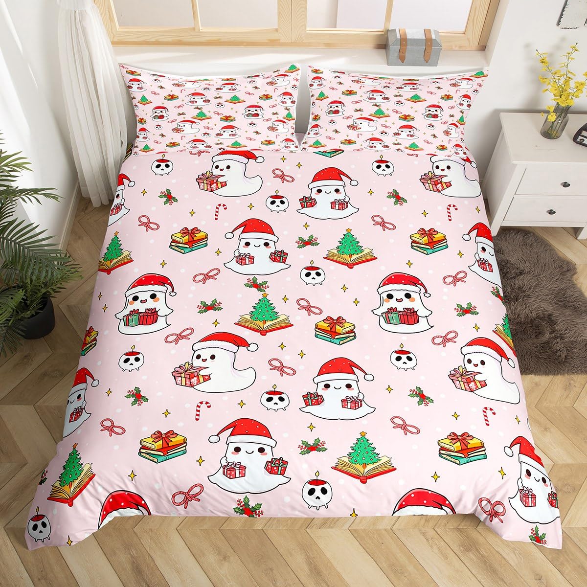 Christmas Ghost Duvet Cover Set Twin Size,Christmas Tree Bedding Sets 2Pcs for Kids Girls Boys Adult Room Decor,Red Xmas Candy Comforter Cover Cartoon Pink Quilt Cover,1 Pillowcase