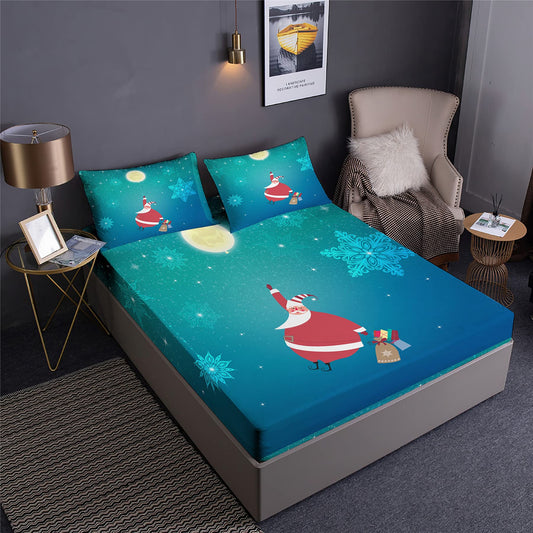 Boasorte Funny Cartoon Christmas Prints Fitted Sheet Set Santa Claus Elk Christmas Tree Bedding Set | with Fitted Sheet and 2 Pillowshams(3pcs) or Comforter(4pcs) (D,Twin-3PCS)