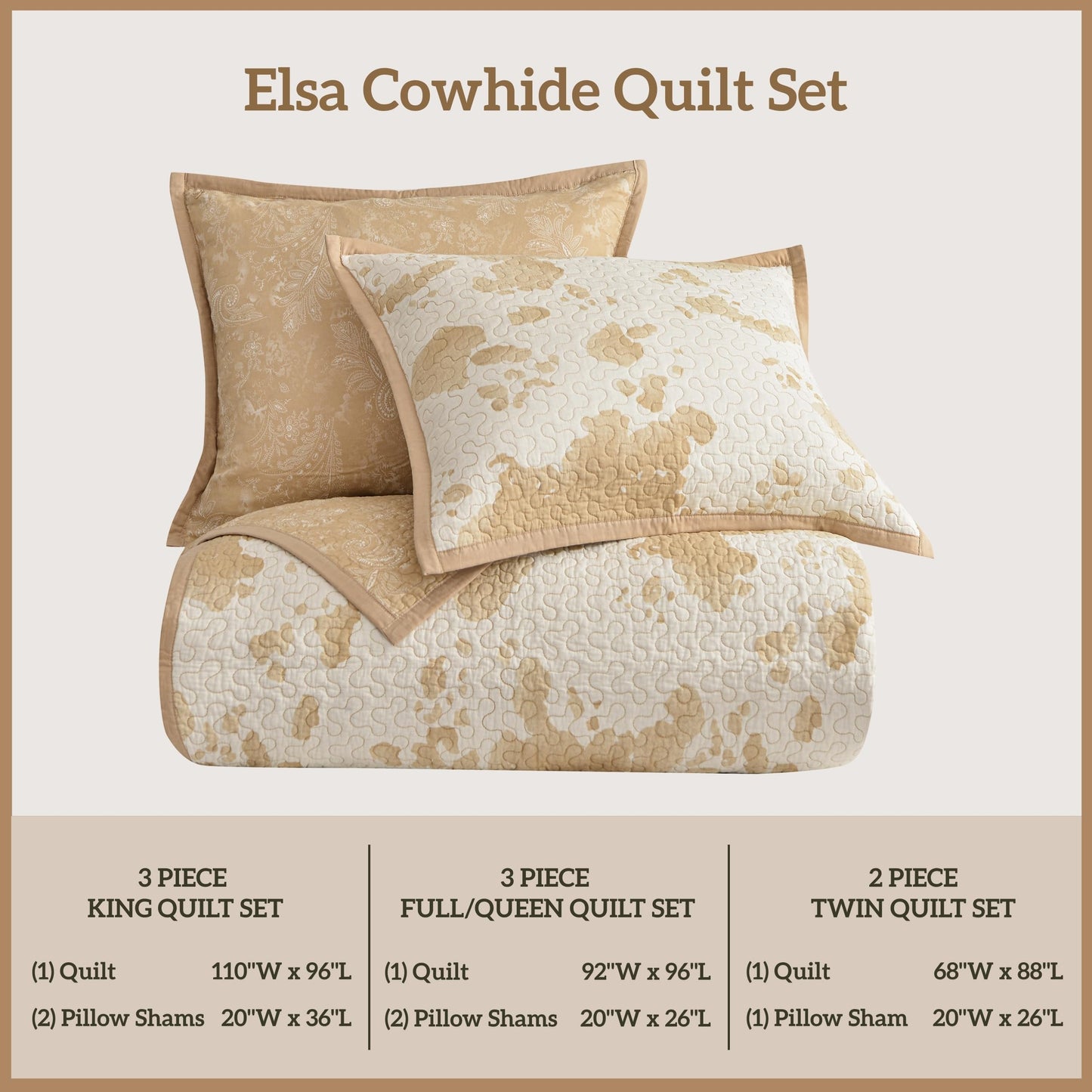 Paseo Road Elsa Queen Cotton Quilt Set, 3 Piece Western Bedding Set with Pillow Shams, Light Tan Cow Print Reversible Quilt, Soft Cozy Rustic Farmhouse Bedding, Lightweight Quilt, Southwestern Bedding