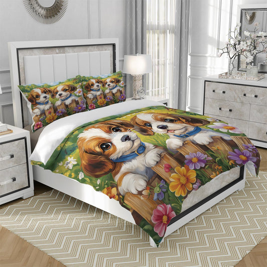 RICQLESC Cute Dog Duvet Cover and 2 Pillow, Cartoon Pet Pug Dog Bulldog Rustic Farmhouse Floral Animal Puppy Comforter Set, Kids Boys Girls Bedding 3 Pieces, King Size 104x90 inch