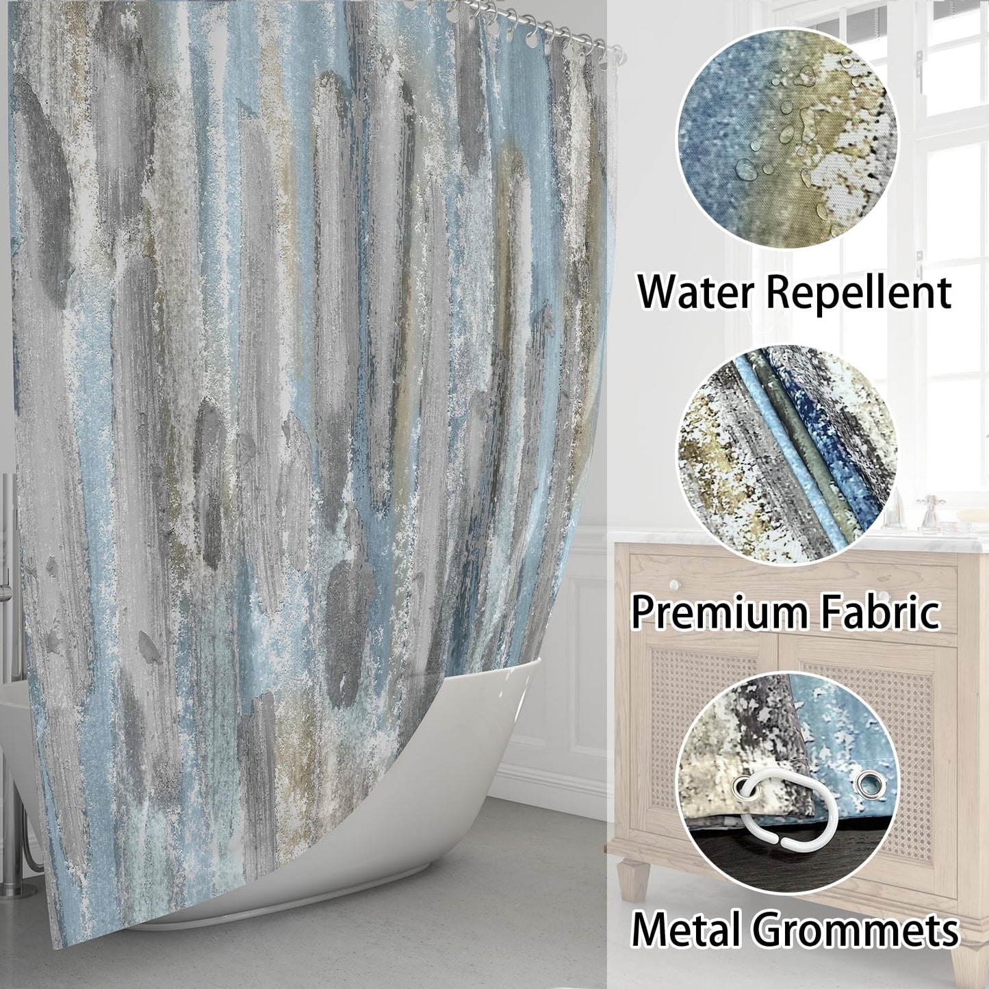 Emwnodti Abstract Shower Curtain, Blue Grey Brown Watercolor Oil Painting Modern Aesthetic Home Bath Curtain, Durable Waterproof Shower Curtain Set with Hooks, 72 x 72 inch