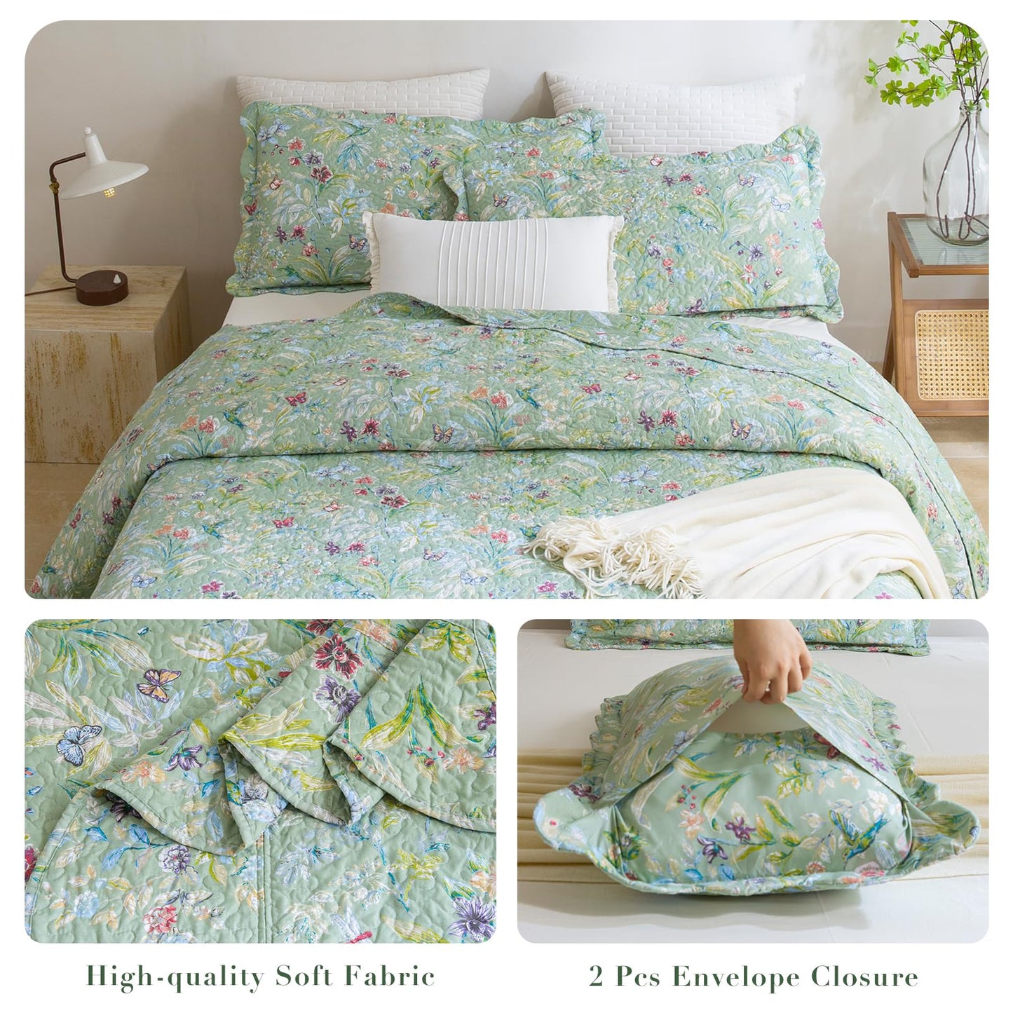 Masaca Oversized King Bedspread 128"x120",Green Floral Quilt Set Oversized 3Pcs Lightweight Flower Bird Butterfly Print Botanical Scallop California King Size Bedding Coverlet Extra Large