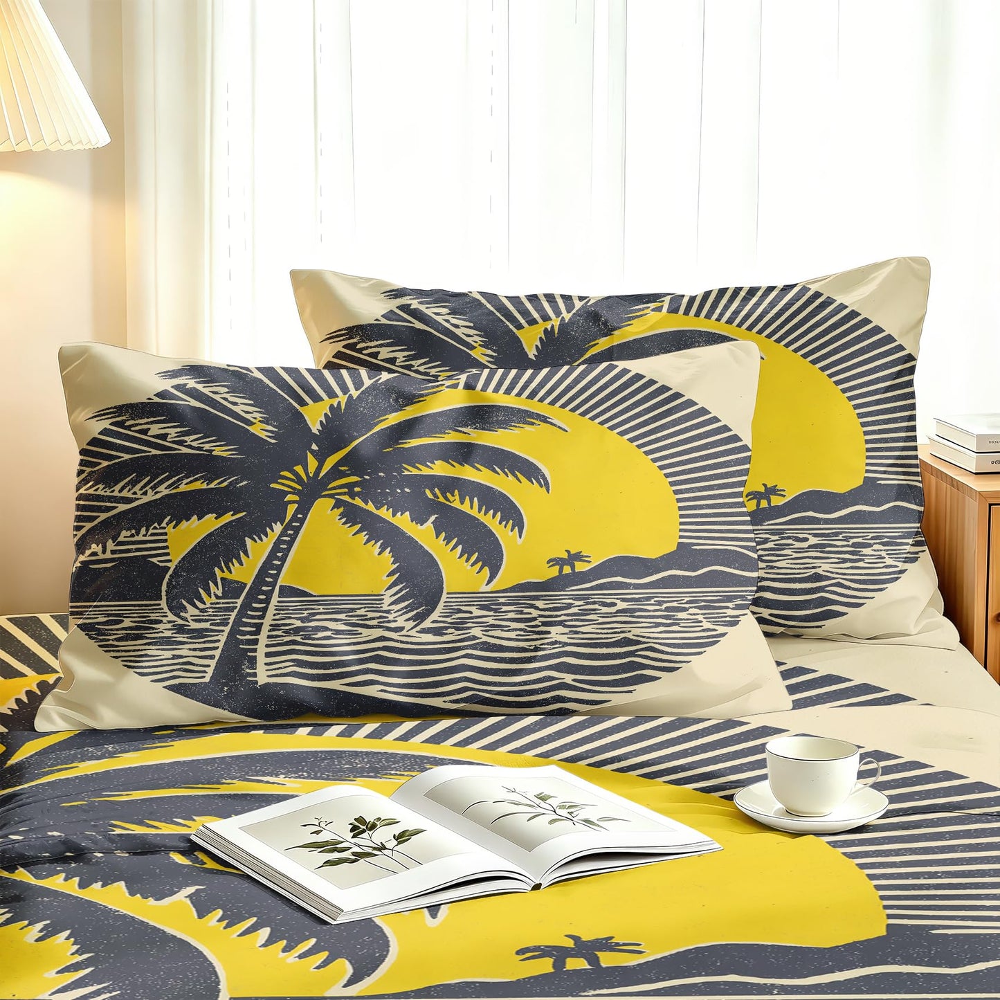 Tropical Palm Tree Bedding Set 4 Pcs Retro 70s Tiki Queen Sheets
