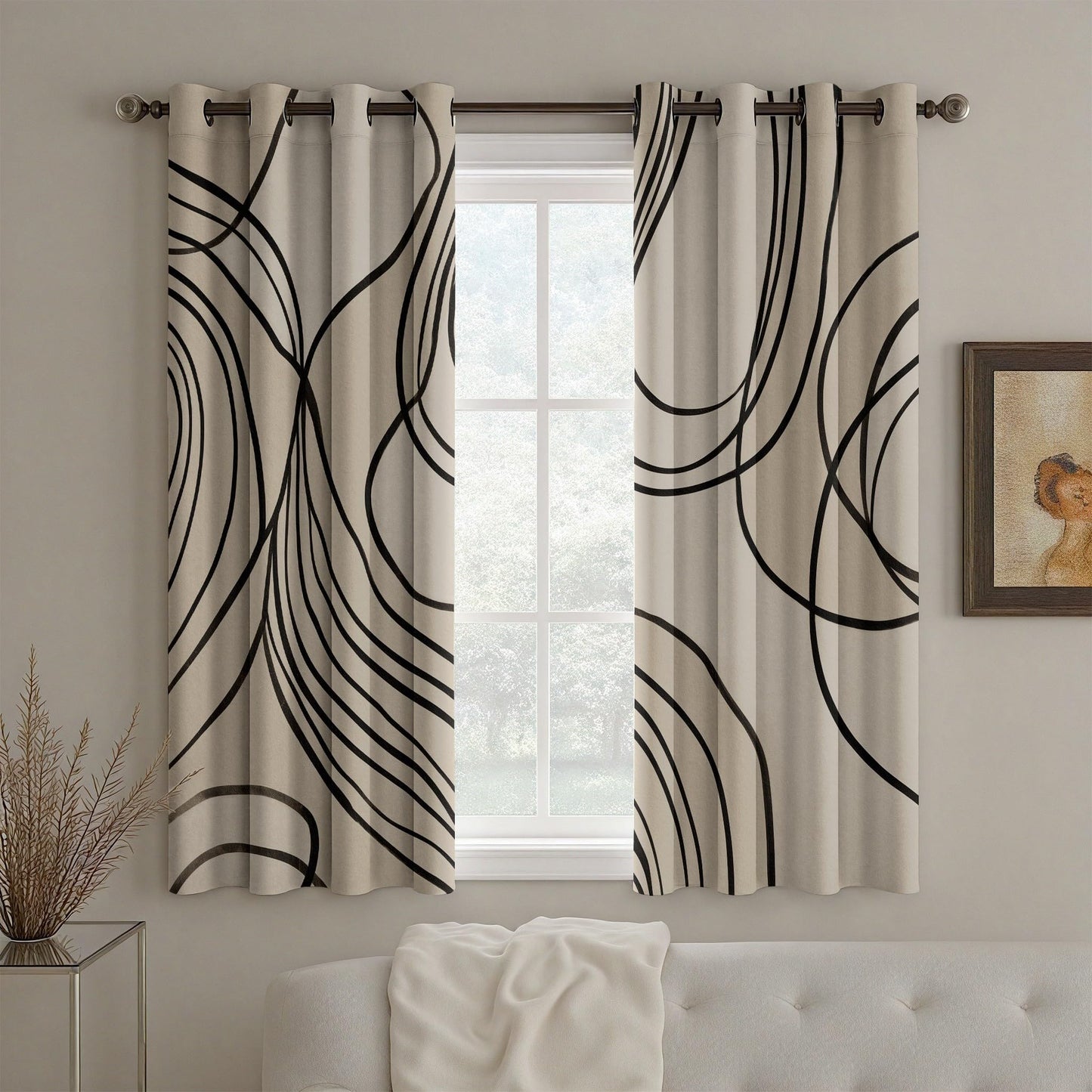 Modern Curtains Blackout, Abstract Line Curtains, Contemporary Neutral Curtain for Windows, Minimalist Japandi Wabi-Sabi Drapes for Bedroom Living Room, Grommet Curtain 84 Inches Long 2 Panel Set