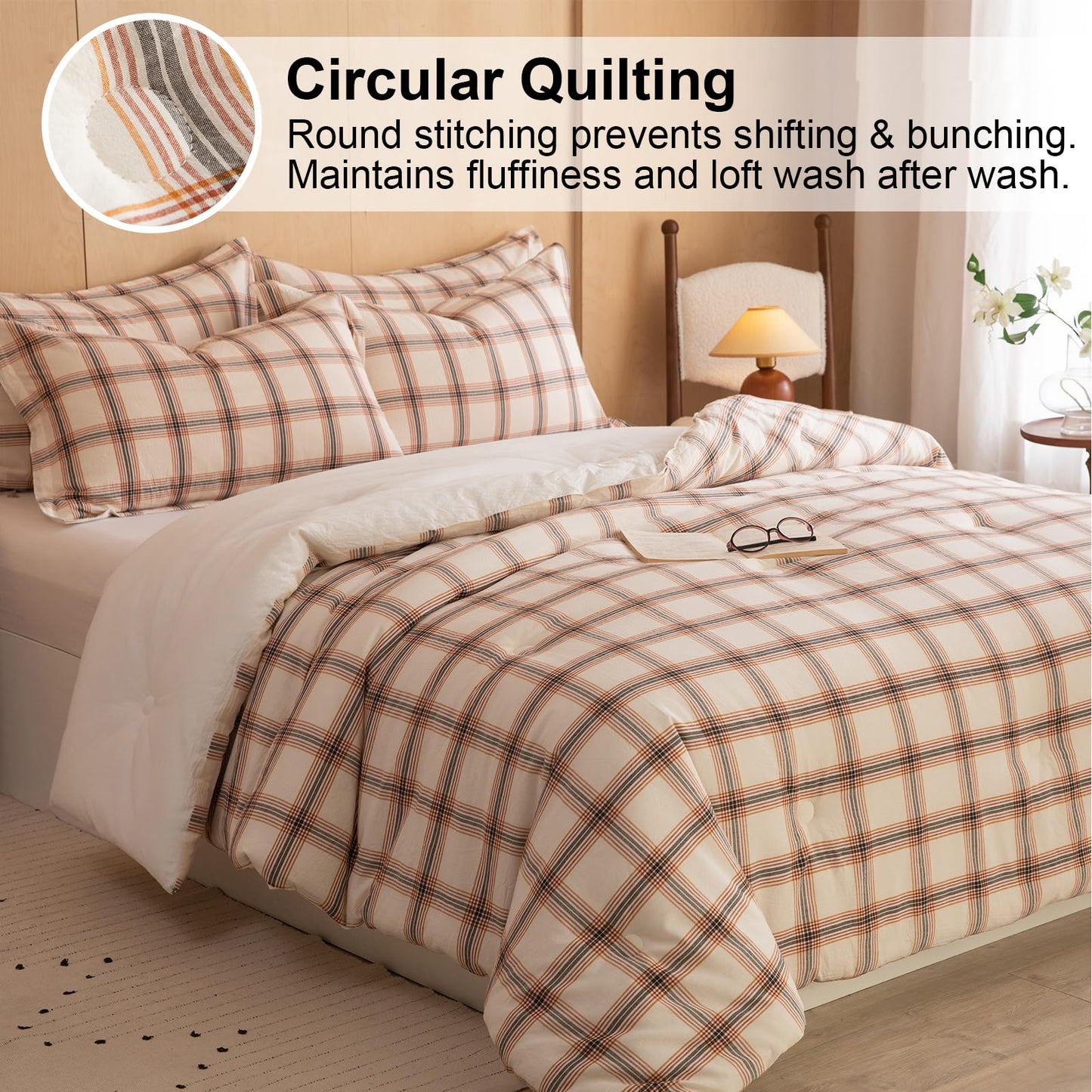 LLanCL Cotton Plaid Comforter Set Queen Size,100% Cotton Cover with Polyester Fill,Ultra Soft,Breathable,Lightweight Bedding for All Seasons,1 Comforter 90"x90" & 2 Pillow Shams 20"x26"(Beige)