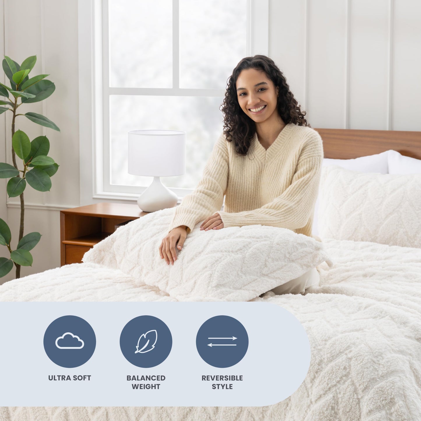 Berkshire Sherpa & Velvetloft Comforter Set Full/Queen, Luxuriously Warm Fleece Reversible Microfiber Plush Bedding Set with 1 Comforter(90"x90") and 2 Pillow Shams(24"x30"), Sour Cream