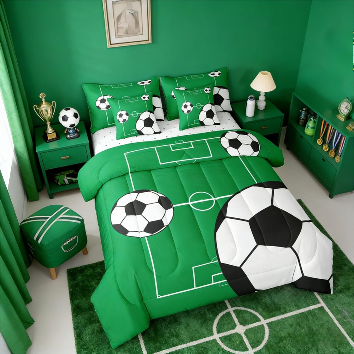 Erosebridal Football 7 Piece Bedding Set Full Boys Sports Theme Comforter Set with Sheets Soccer Ball Pattern Playground Bed in a Bag Football Court Green White for Kids Boys Girls
