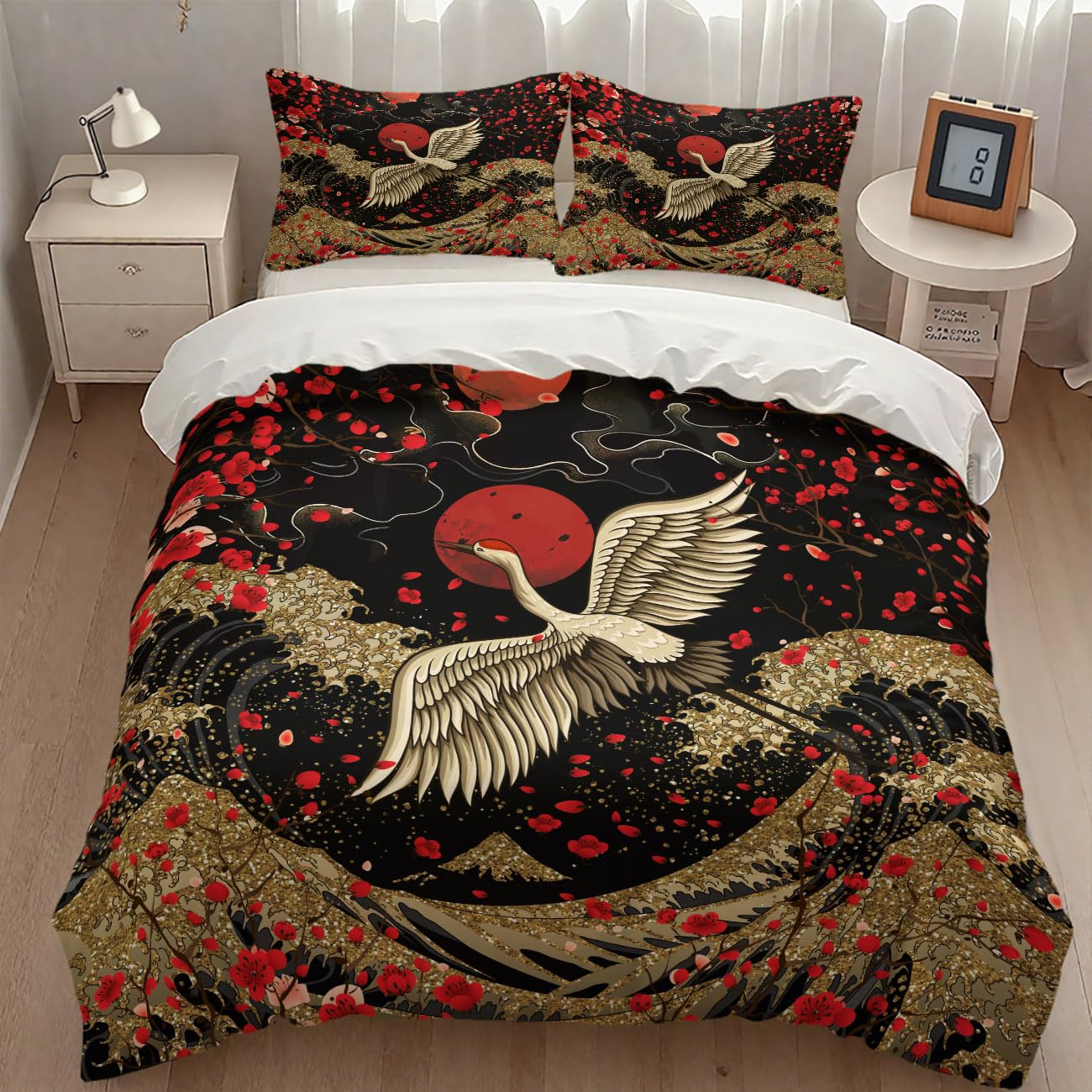Lnepty Japanese Comforter Set,Red Plum Cherry Blossom Floral Asian Ink Painting Crane Gold Great Wave Japanese Style Bedding Set with Pillowcase for Bedroom Bed Decor,Twin 86"x70"