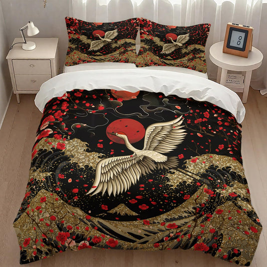 Lnepty Japanese Comforter Set,Red Plum Cherry Blossom Floral Asian Ink Painting Crane Gold Great Wave Japanese Style Bedding Set with Pillowcase for Bedroom Bed Decor,Twin 86"x70"