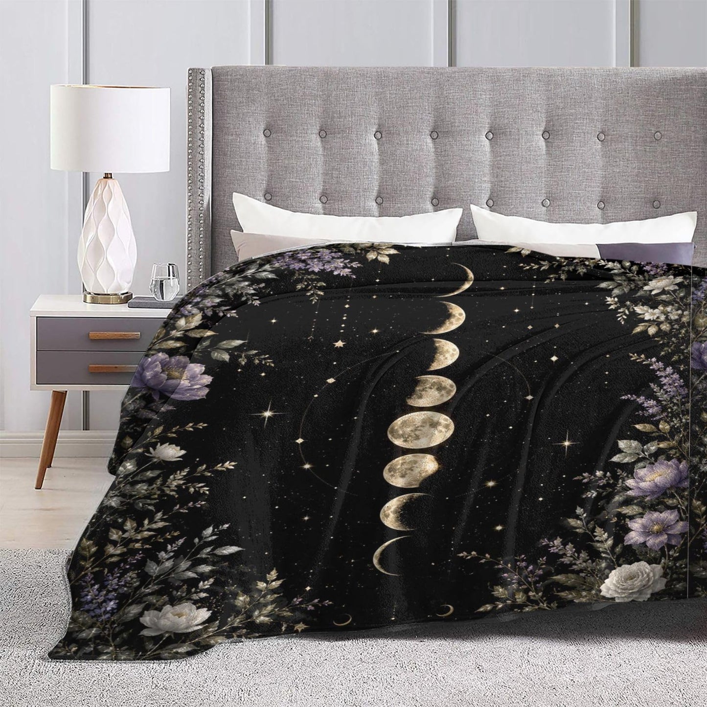 TZJCCMAY Moon Phases Blanket for Kids Women Adults, Gothic Floral Throw Blankets, Soft Lightweight Fleece for Bed Sofa Home Living Room Decor, Birthday Gifts, 50x60in