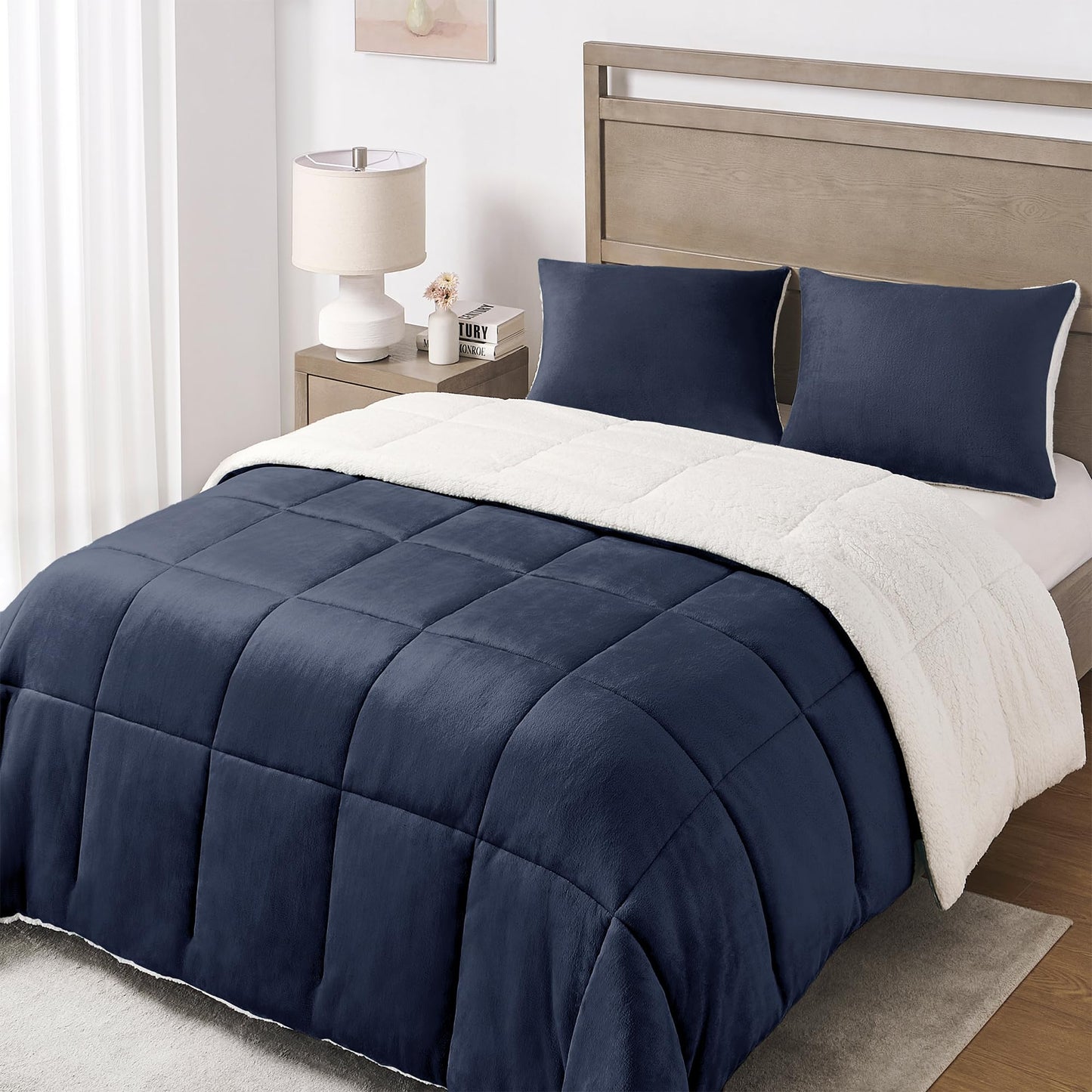 Basic Beyond King Size Comforter Set - Thick Fleece Sherpa Comforter Sets King Size Bed, Soft and Fuzzy Bedding Comforter Set King Size for Winter, Navy, 104"x88"