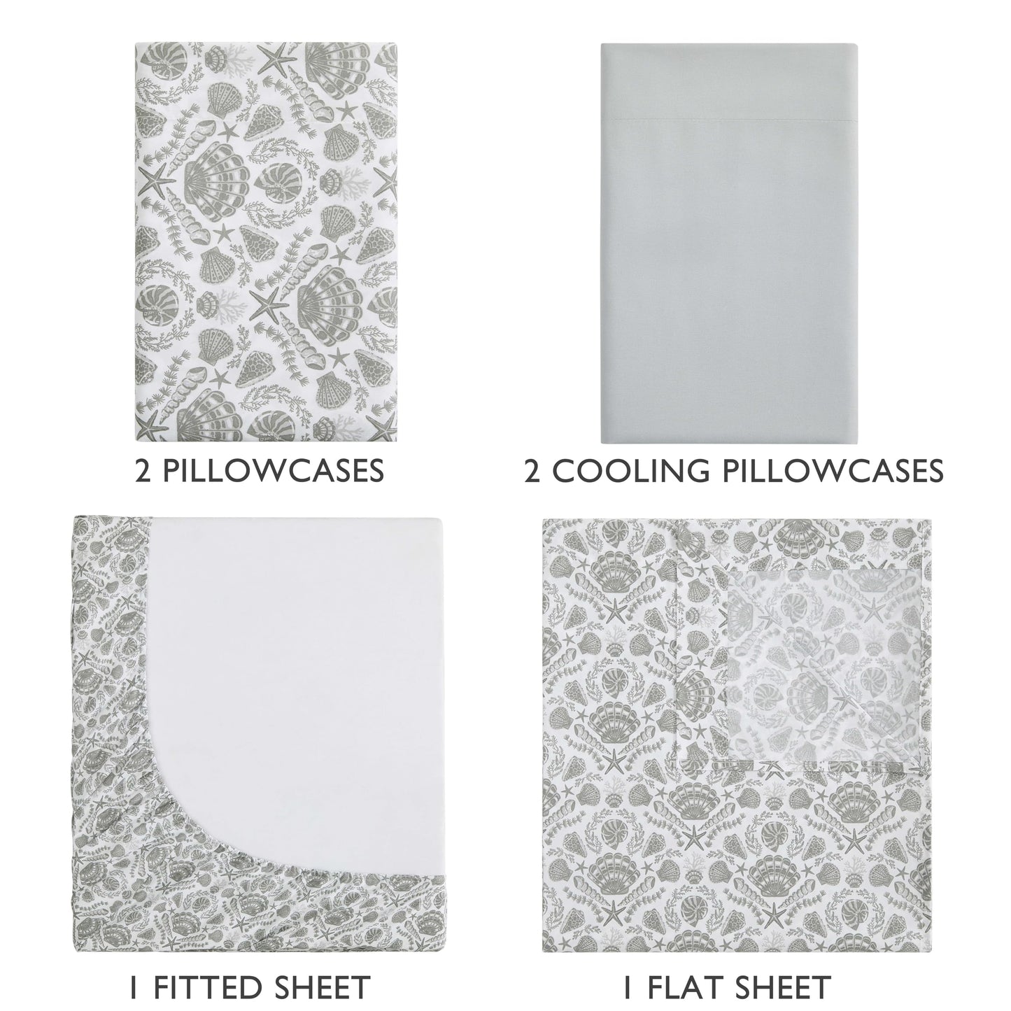 Caribbean Joe 6-Piece Sheet Set with Cooling Pillowcases, 12-inch Deep Pockets, Tropical Beach Coastal Design, Queen, Damask Shells