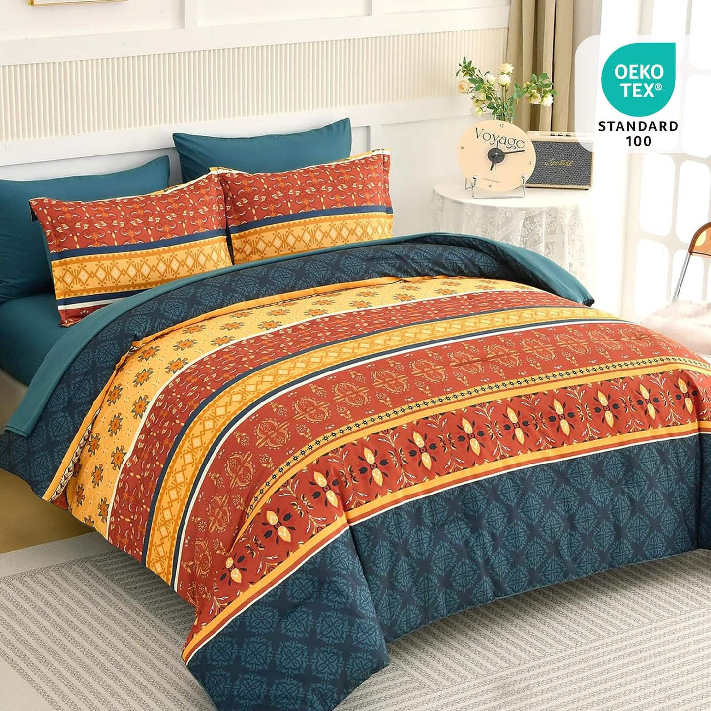 WONGS BEDDING Boho Comforter Set King Size,7 Pieces Bed in a Bag Bohemian Striped Bedding Set,Burnt Orange Paisley Floral Comfortet and Sheet Set,Soft Microfiber Bedding Sets for All Season