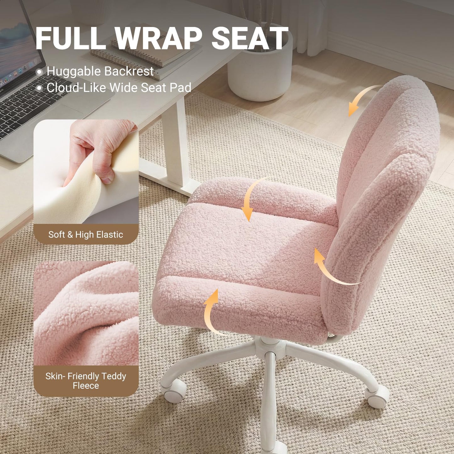 KRAMZMING Vanity Chair with Wheels, Armless Office Chair Height Adjustable, Cute Desk Chair with Soft Lumbar Support for Small Space, Bedroom, Make-up Room, Pink