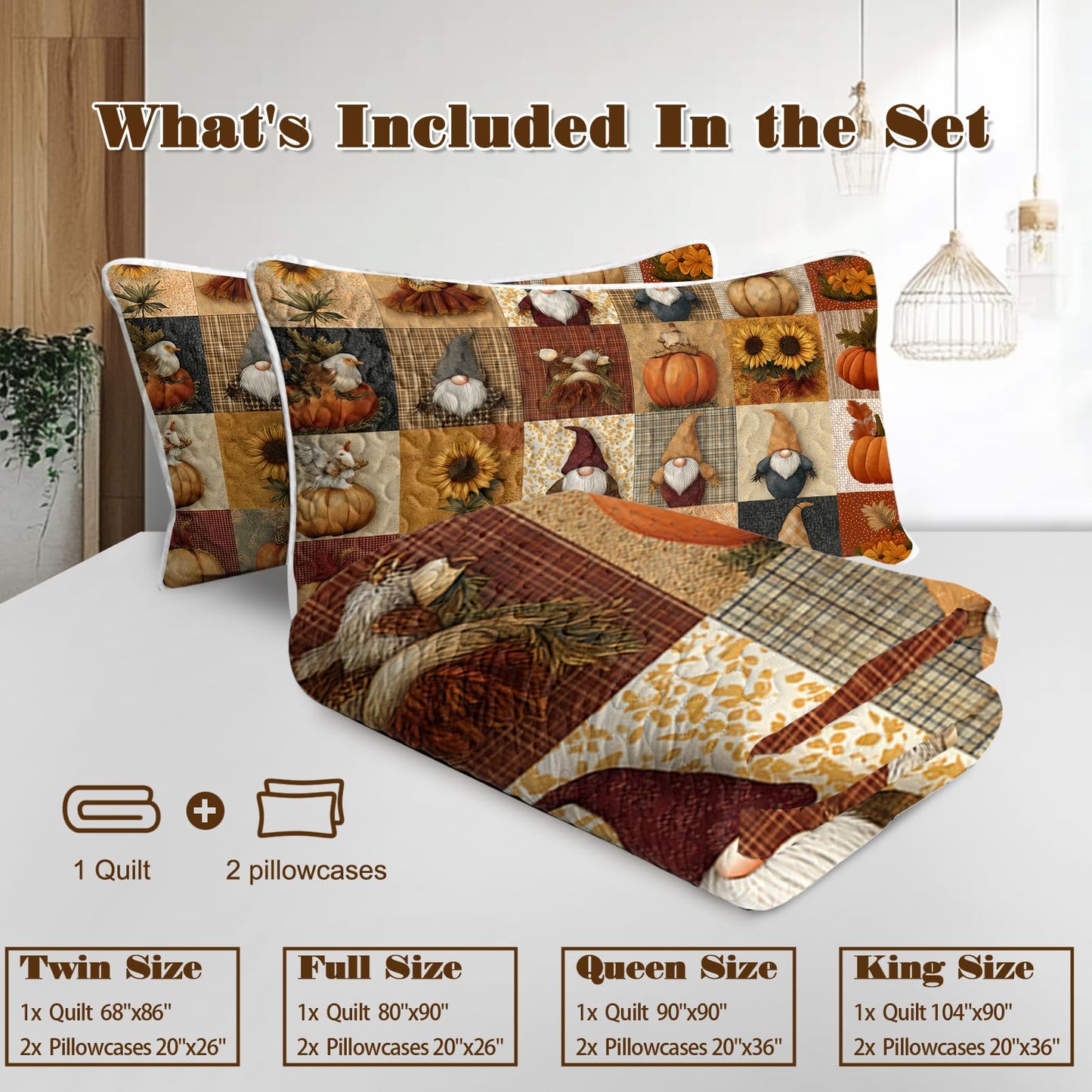 BlessLiving Fall Quilt Set King Size: Soft Microfiber Lightweight Elf Square Pattern Bedspread Coverlet for All Season, 3 Piece Autumn Comforter Set for Thanksgiving Bedroom Living Room