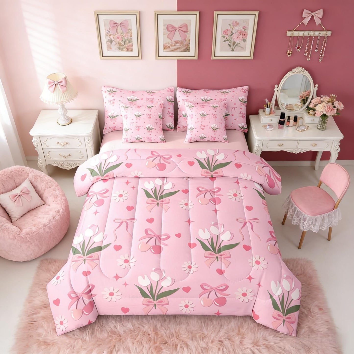 Erosebridal Daisy Floral Bow Girly Pink Full Comforter Set 7 Pieces | Bowknot Ribbon Bed in A Bag for Bedroom Flowers Love Hearts Bedding Set with Comforters Flowers Love Hearts Room Decor