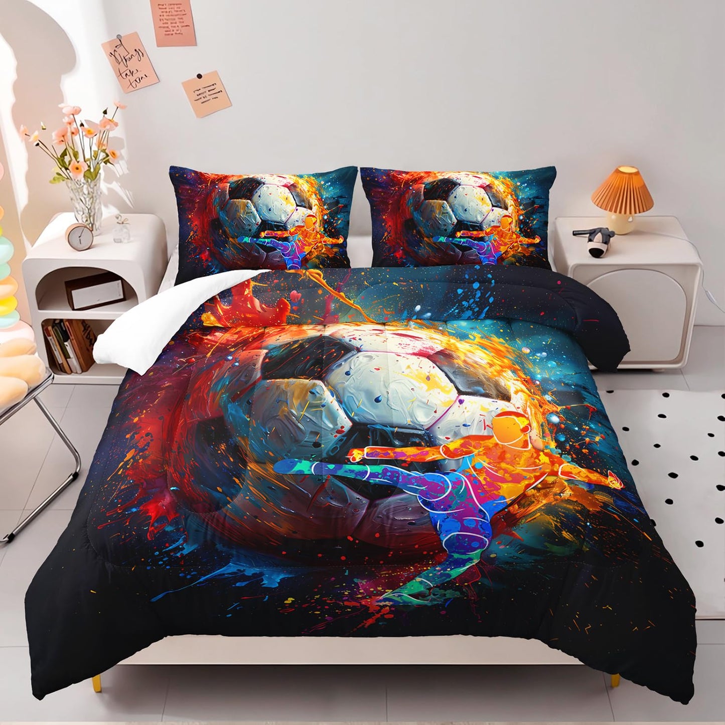 AILONEN Sport Soccer Comforter Set Queen Size,3D Oil Painting Football Printed Bedding Set Decor,Football Player Soft Microfiber Comforter with 2 Pillowcases,3-Piece All Season