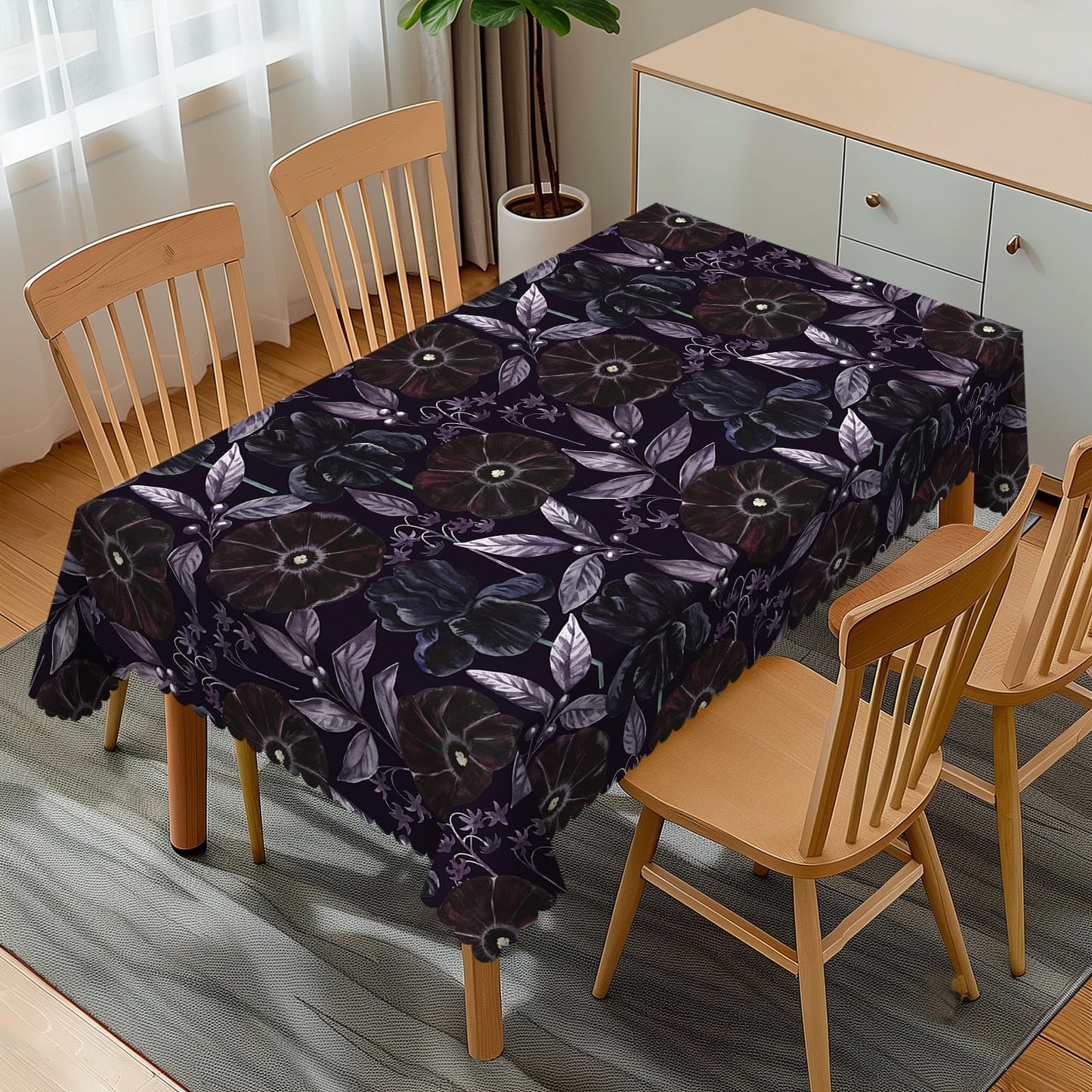 GOUROISE Floral Black Rectangular Tablecloth, Purple Flowers 54x72 Inch Wavy Lace Border Polyester Table Cloth for Dining, Kitchen, Parties