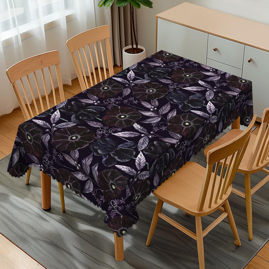 GOUROISE Floral Black Rectangular Tablecloth, Purple Flowers 54x72 Inch Wavy Lace Border Polyester Table Cloth for Dining, Kitchen, Parties