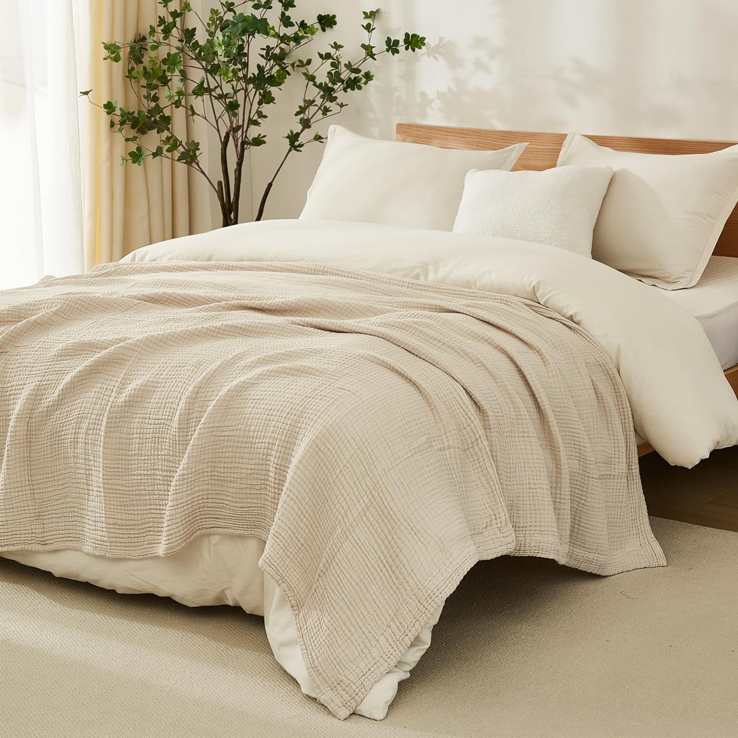 EMME Cotton Blanket King Size for Bed Soft Muslin Blankets 108"x90" Beige Lightweight Breathable Layering Bedspread Coverlet All Season Gauze