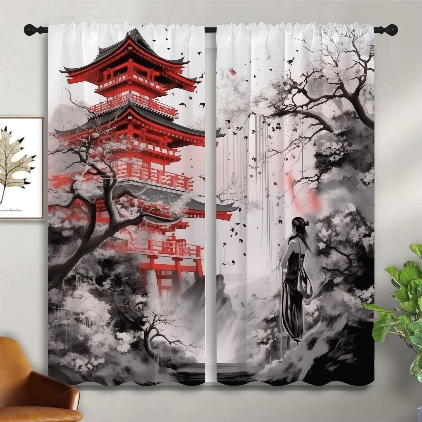 LHROOMJK Japanese Animation Rod Pocket Blackout Curtains for Boy Girl Bedroom, Black White Ink Abstract Art Thermal Insulated Home Window Drapes for Living Room Darkening, 42x45 inch