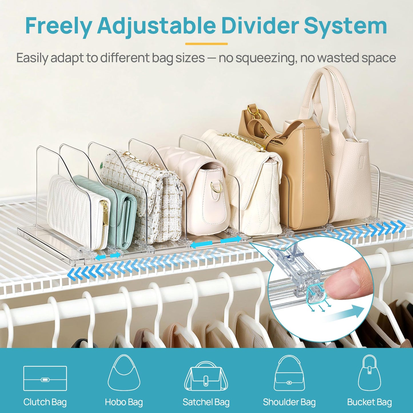 Vtopmart Free-Adjustable Purse Organizer for Closet with 2 Base, Clear Handbags Storage Organizer, Fits Different Bag Sizes & Closet Shelf, Expandable Plastic Shelf Dividers for Handbags, Wallets