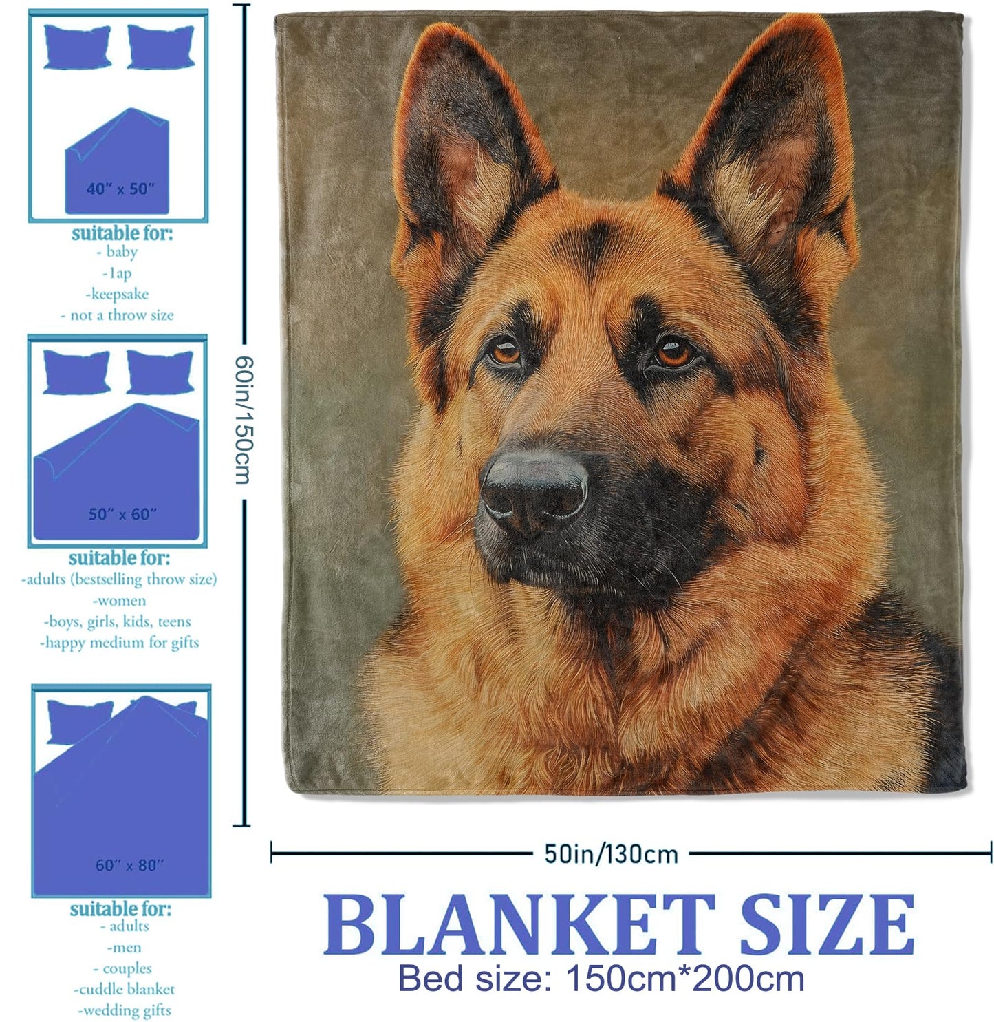 Plistiz German Shepherd Throw Blanket 50x60, Soft Flannel Dog Theme Blankets for Living Room Decor, Women's Gifts