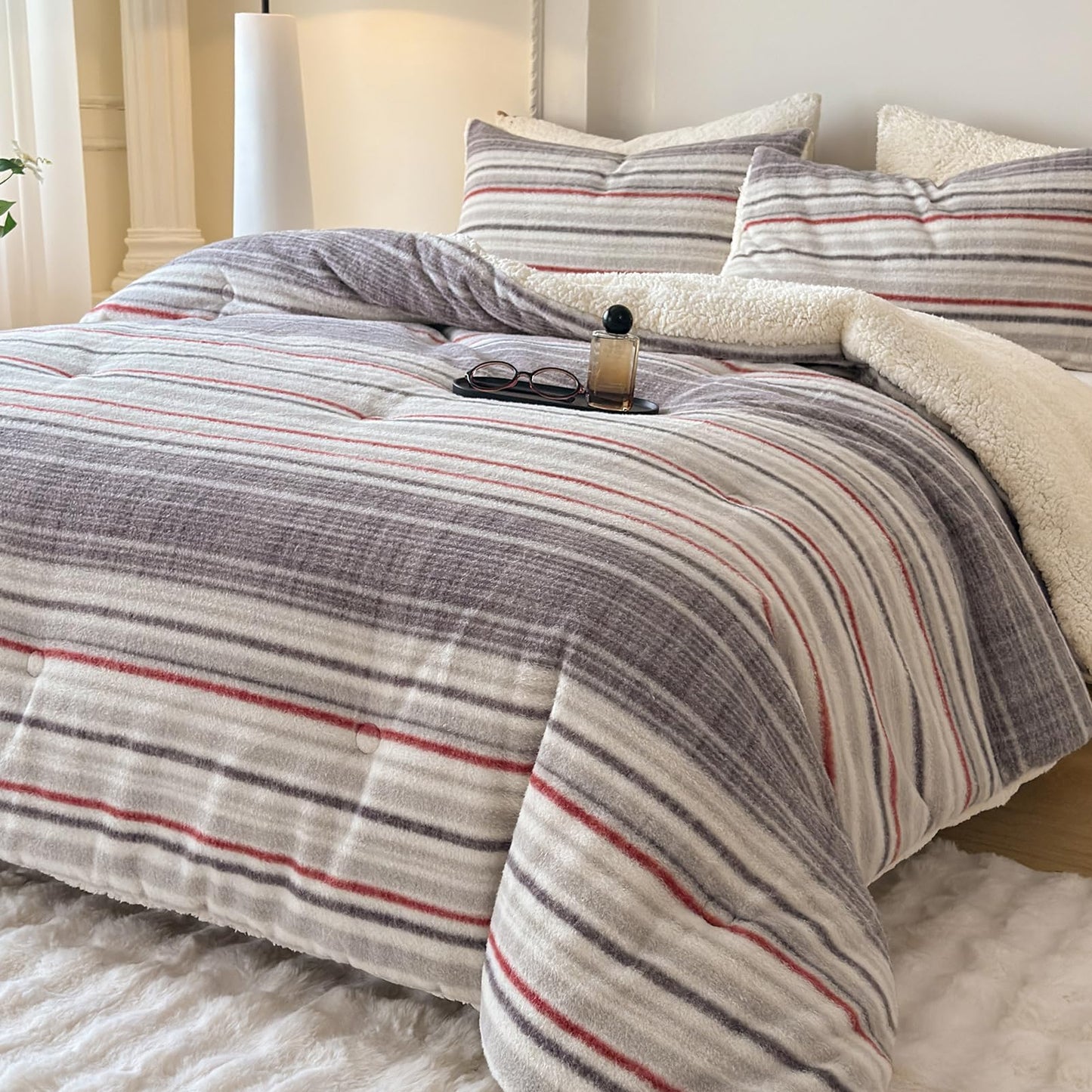 Cyusri Striped Sherpa Comforter Set 2Pcs Fluffy Warm Fleece Down Alternative, Grey Red Bedding Set with 1 Pillowcase, Twin Size 68"x90"