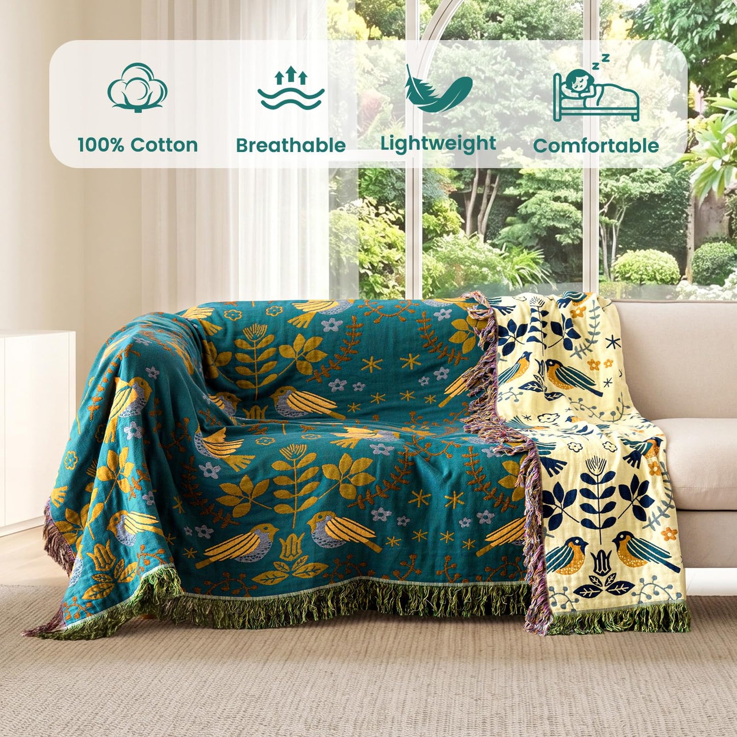 MSGKV Boho Throw Blanket 100% Cotton Blankets for Bed Couch 60"x80", Summer Breathable Farmhouse Bird Blankets Quilt Muslin Home Decor