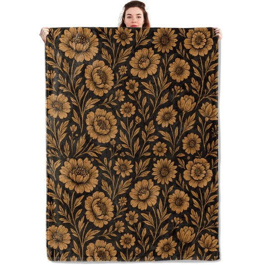 qxfqxf Vintage Floral Blanket Lightweight Blankets Gifts for Women Flannel Throw with Gold Flower Pattern on Black Background Printed for Sofa, Bed, Office, Retro Decor Throws 60x50 Inch