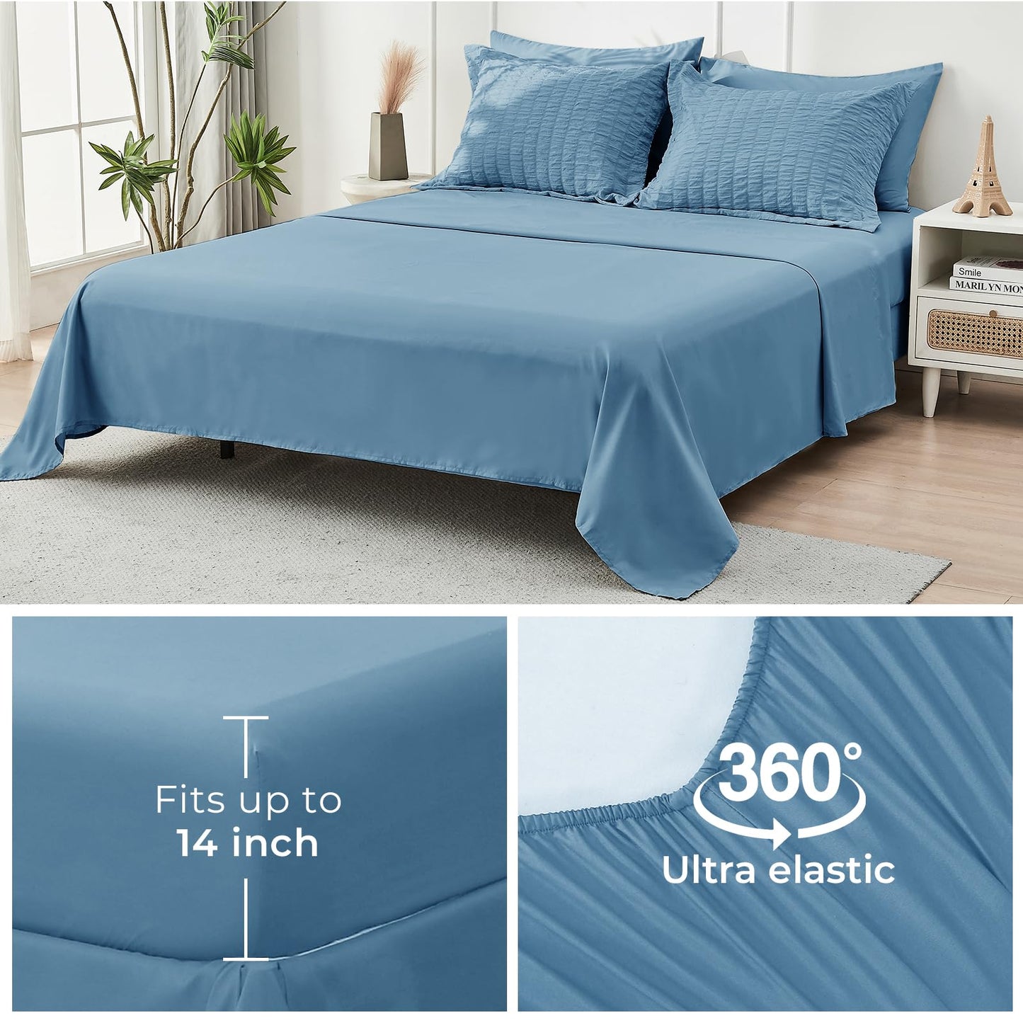 HYMOKEGE Mineral Blue Twin Comforter Set Seersucker 5 Pieces, All Season Luxury Bed in a Bag for Bedroom, Bedding Set with Comforter, Sheets, Pillowcase & Sham
