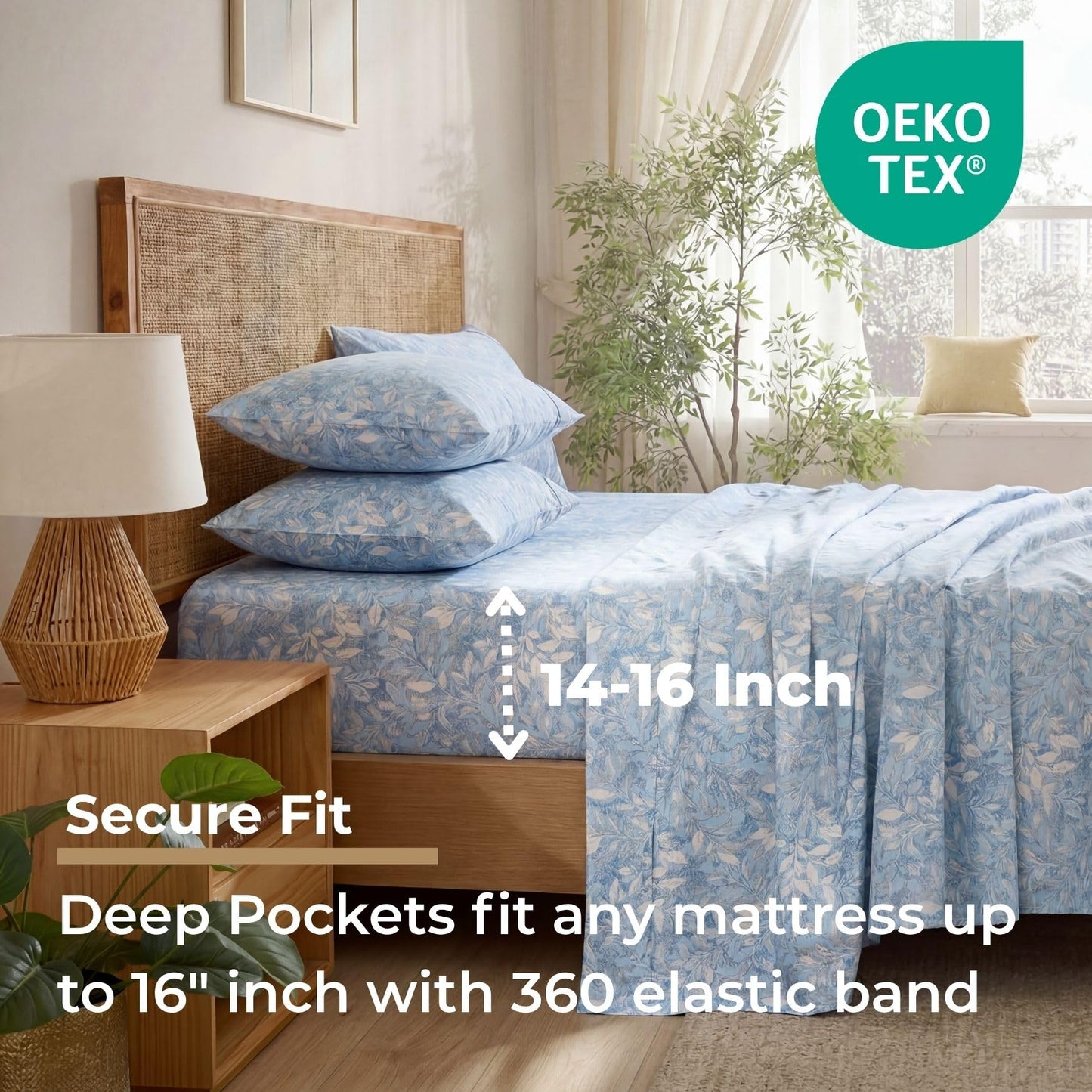 HLC.ME Leaves Printed - Floral Bed Sheets - Botanical Patterned Bed Sheet Set - Wrinkle Resistant & Ultra Soft - Fits Mattresses up to 15 Inches Deep (Full Size, Blue)