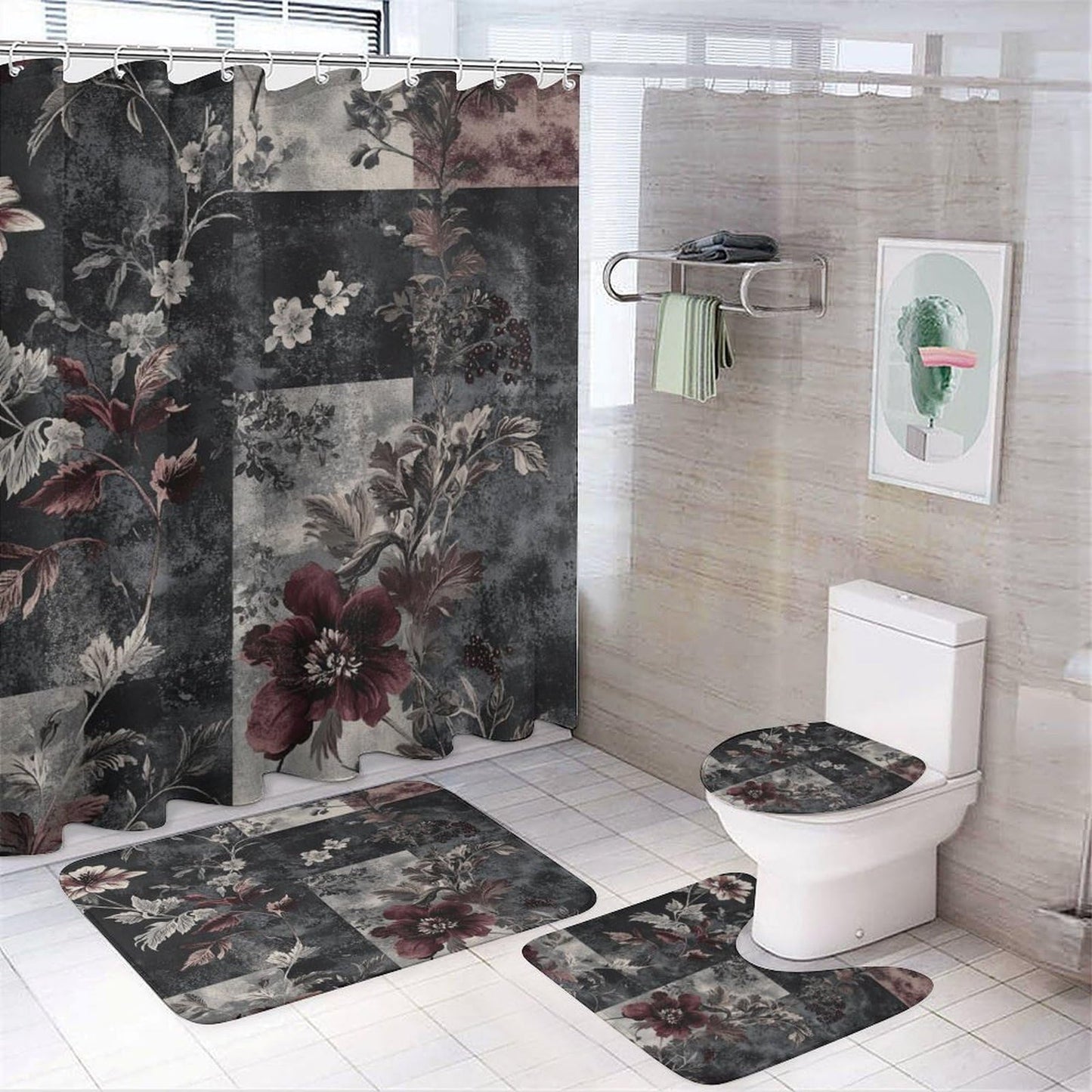 DIPQIMI 4Pcs Luxury Floral Botanical Shower Curtain Sets with Rugs, Toilet Lid Cover and Bath Mat, Classic Patchwork Pattern Bathroom Shower Curtains Set with 12 Hooks