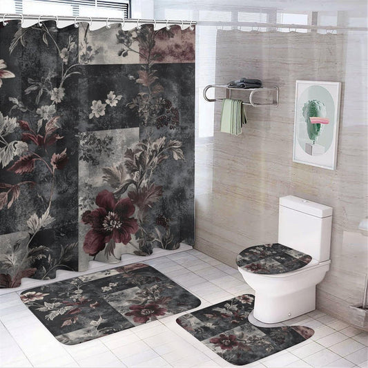 DIPQIMI 4Pcs Luxury Floral Botanical Shower Curtain Sets with Rugs, Toilet Lid Cover and Bath Mat, Classic Patchwork Pattern Bathroom Shower Curtains Set with 12 Hooks