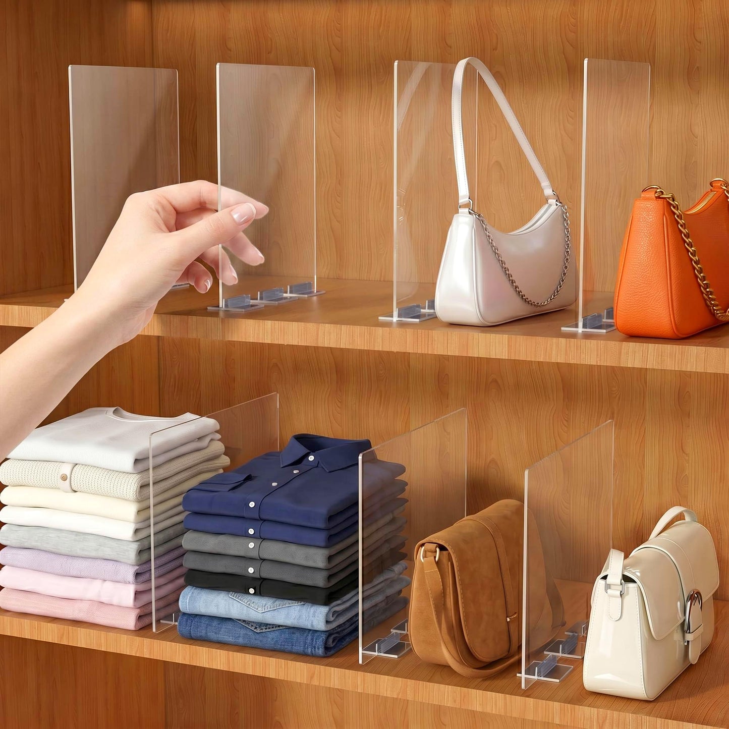 Acrylic Shelf Dividers for Closet Organization - 4 Pack Clear Removable 10/11.8" Tall X 11.8/10" Deep Sturdy Separators for Wood Cabinet - Vertical Adjustable Storage Clothes,Purse,Bag Organizer