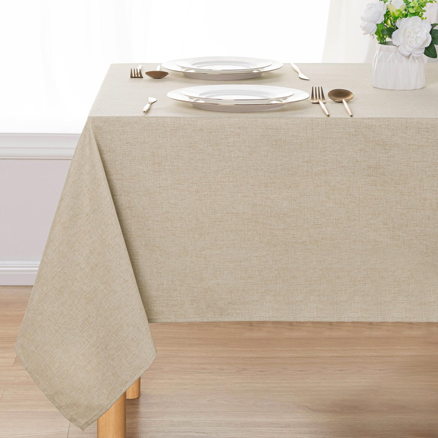 DWCN Faux Linen Tablecloth Rectangle - Beige Tablecloths Fabric Waterproof Spill-Proof Wrinkle and Stain Resistant Decorative Farmhouse Table Cover for Kitchen Dining Party, 60 x 120 Inch
