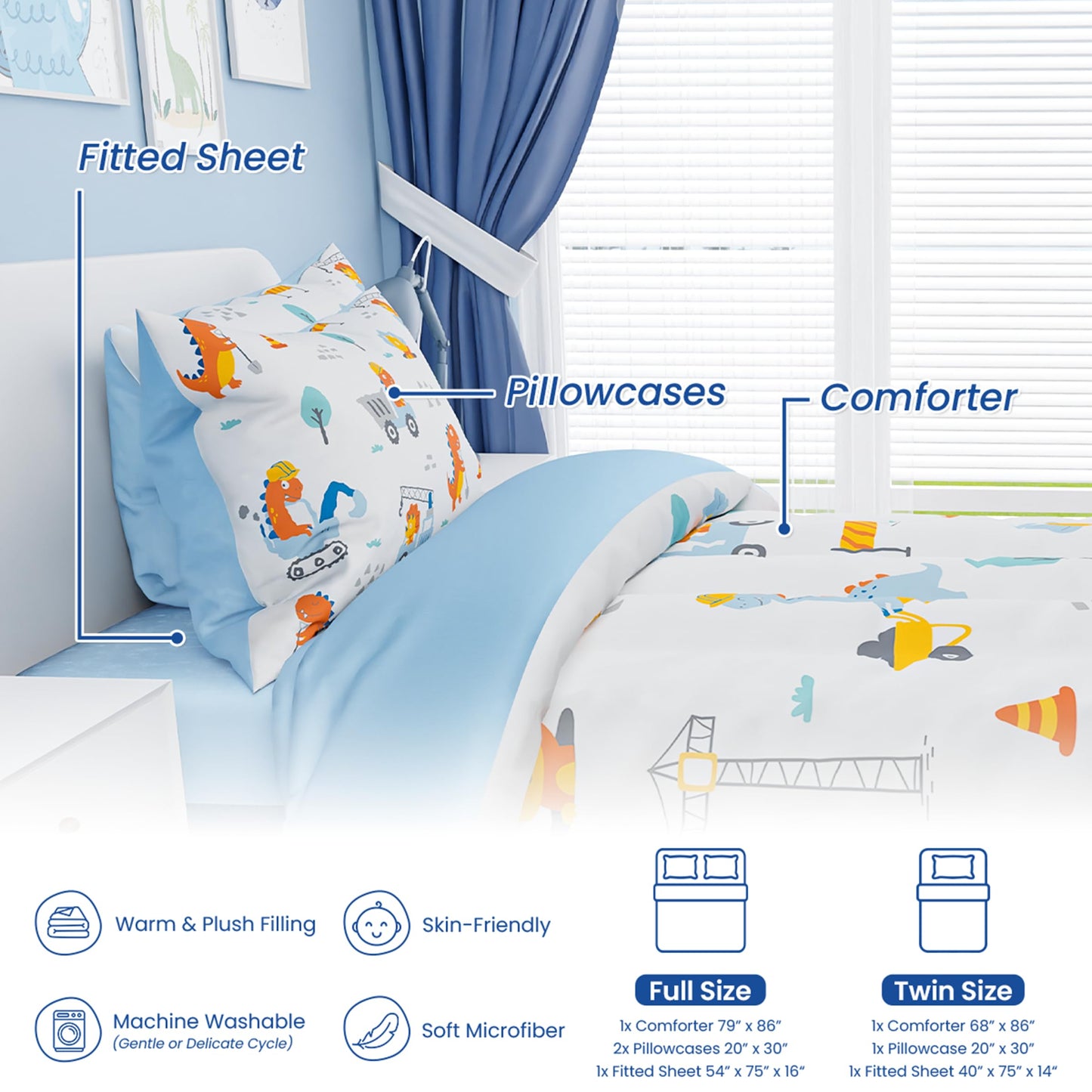 SANDJEST Dinosaur Comforter Set Twin Size 68x86in for Kids Boys, Microfiber 3 Pcs Bedding Set Includes 1 Comforter, 1 Pillowcase, 1 Fitted Sheet, Nursery Room Decor