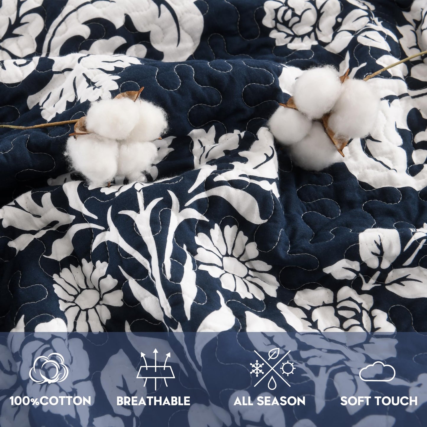 BCOTTOND Navy Blue Quilt Set King Size, 100% Cotton Reversible Farmhouse Quilt with Elegant Botanical Floral Pattern, Scalloped Edge Bedspread Coverlet, Lightweight All Season Bedding Set with 2 Shams