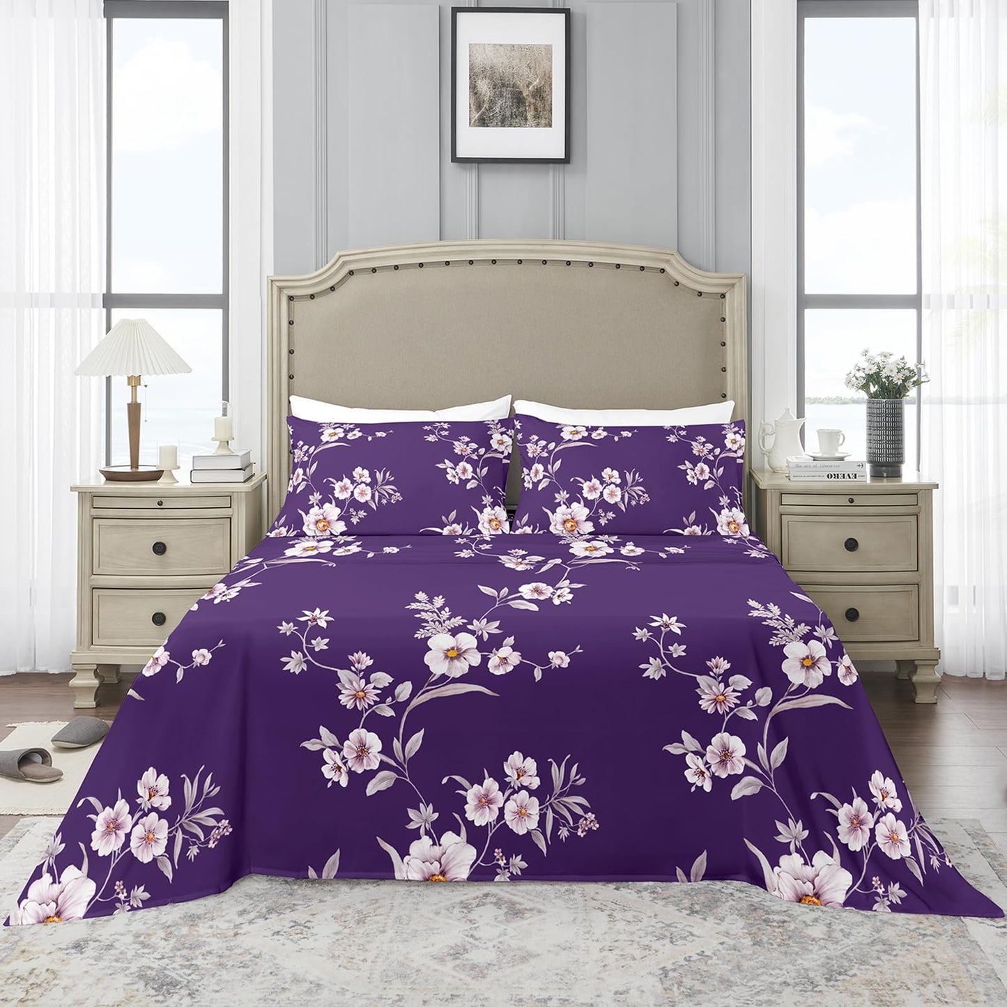 YIYEA Floral Sheets Full Size, Premium Double Brushed Microfiber Bed Sheet Set for All Season, Soft Breathable, 16" Deep Pocket, Shrinkage and Fade Resistant, 4PC, Full