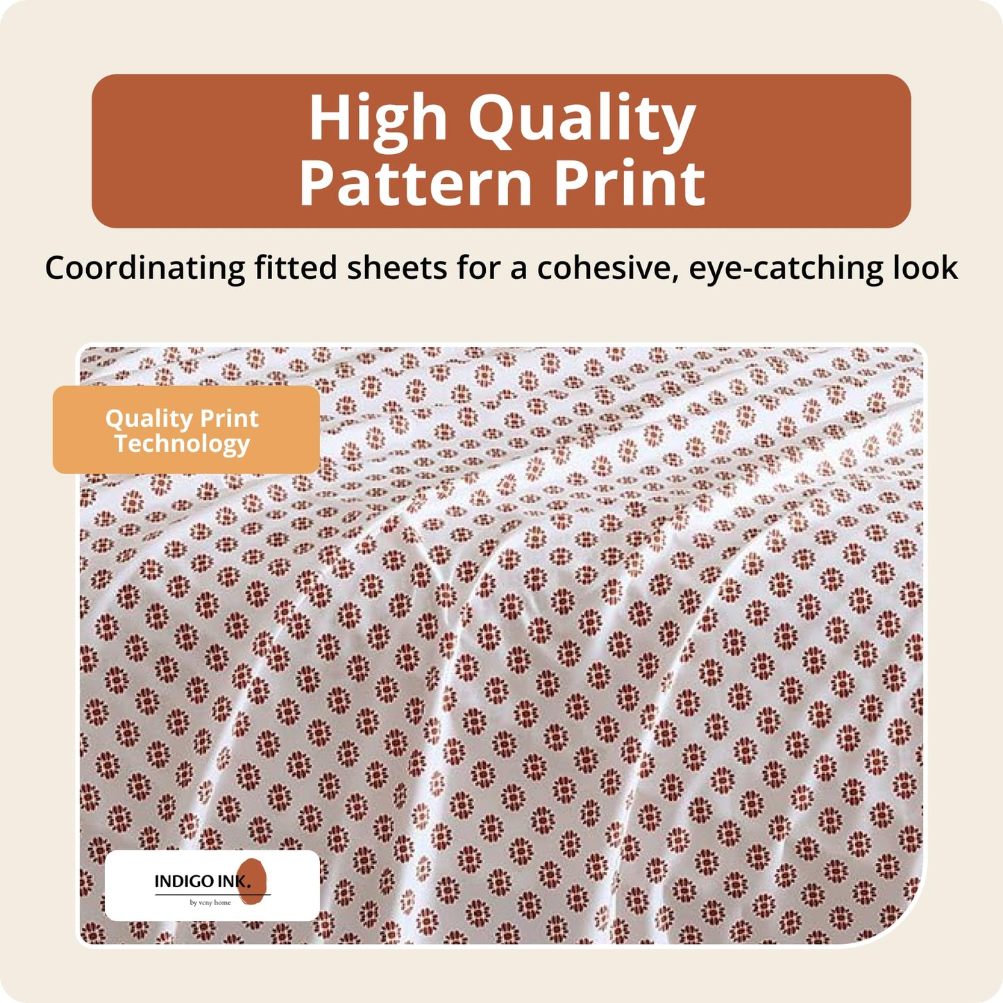 Indigo Ink Queen Size 4-Piece Sheet Set - Fitted & Flat Sheets & Pillowcases, Medallion Pattern, Soft & Breathable, Durable, Wrinkle Resistant Fabric, Deep Pocket Sheets, Panther Collection Spice