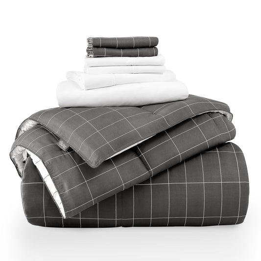 Bare Home Bed-in-A-Bag 7 Piece Comforter & Sheet Set - Queen - Goose Down Alternative - Ultra-Soft 1800 Premium Bedding Set (Queen, Grid - Grey/White Comforter Set, White Sheet Set)