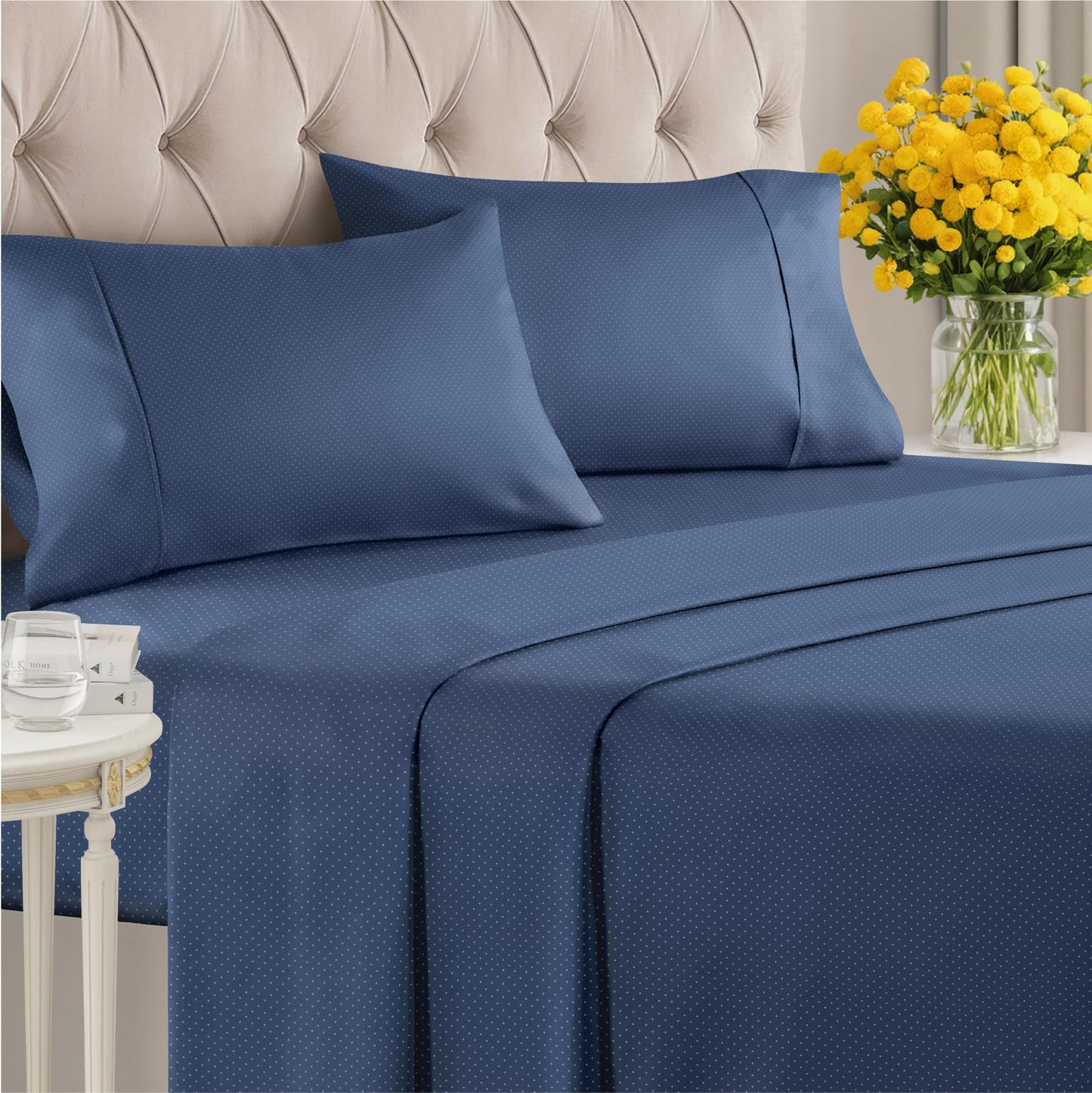 Navy Blue Polka Dots Bed Sheet Set – 1 Flat & 1 Fitted Sheet & 2 Pillowcases w/ Deep Pockets – Polka Dot Bedding - Ultra-Soft, Wrinkle & Fade Resistant - Comfy, Breathable & Cooling - Queen Size Set