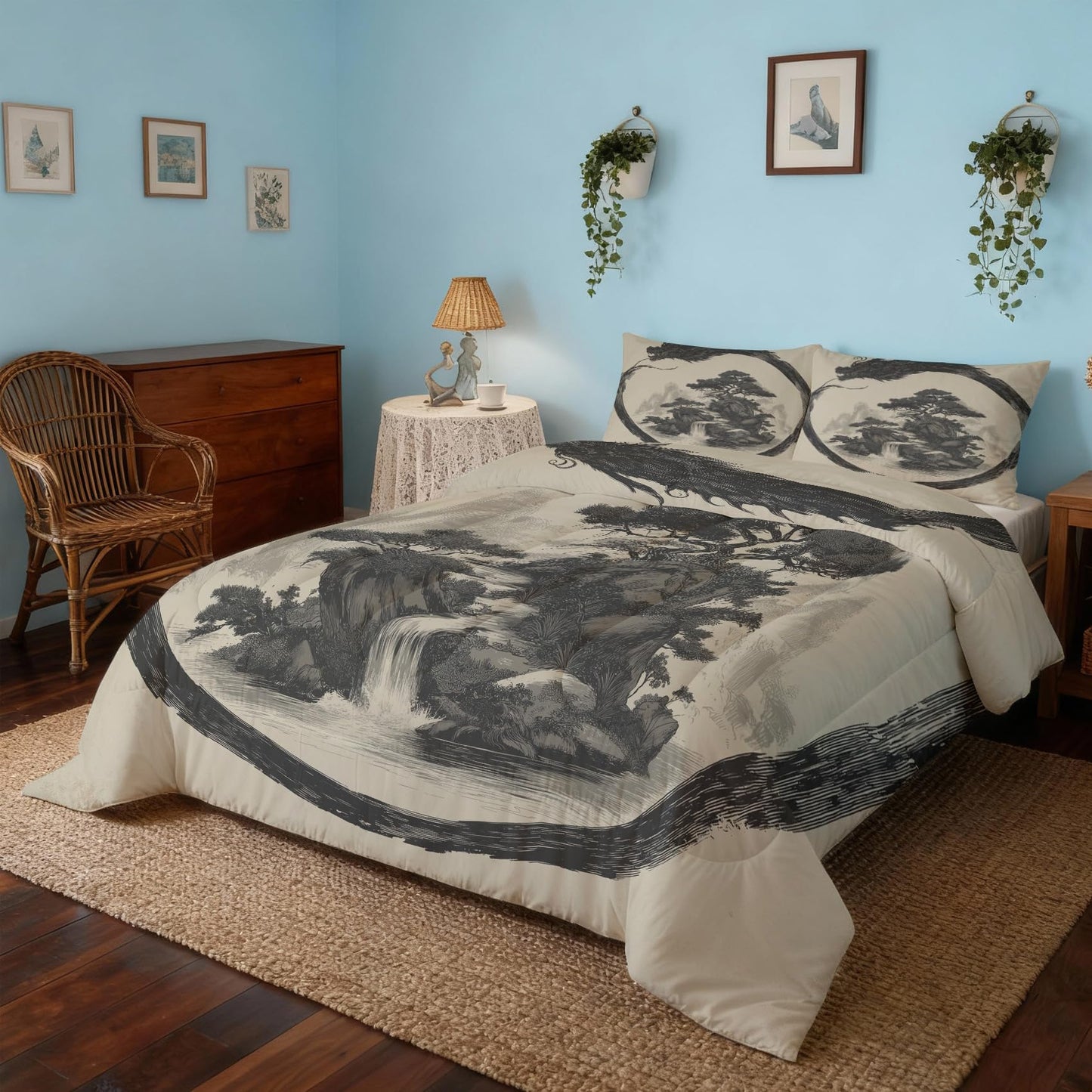 ZDABAOEC Chinese Dragon Twin Comforter Set 2 Piece, 1 Pillow Sham, Oriental Asian Japanese Style Reversible Down Alternative All Season Bedding, Soft Microfiber, Chinese Dragon Bedroom Decor