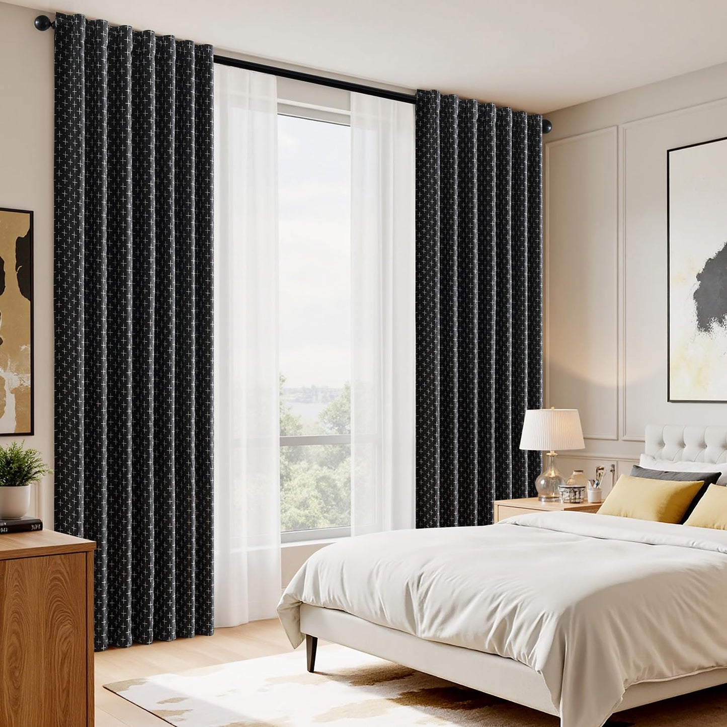 MIULEE 100% Blackout Decorative Linen Curtains with Geometric Pattern, Thick Woven Farmhouse Rustic Patterned Drapes with Back Tab for Bedroom and Living Room, Black, 52 x 84 Inches, 2 Panels