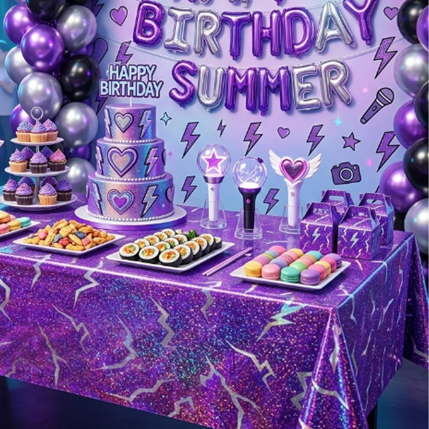 LHFYACI K-Style Birthday Decorations, 3 Pack Holographic Laser Purple Tablecloths, Shiny Lightning Disposable Table Covers for Birthday, Bridal Shower, Bachelorette, Disco Party, 54x108 Inch