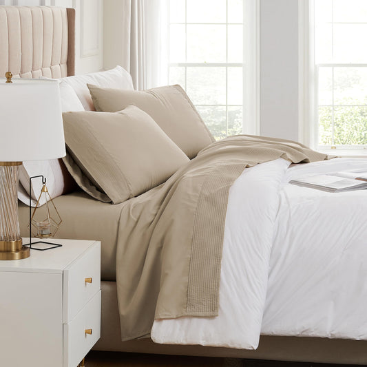 Southshore Fine Living, Inc. Queen Sheet Set, Deep Pocket Bed Sheets, Queen Size Set with 21" Deep Pocket Fitted Sheet, Pleated Flat Sheet and Queen Pillow Cases Set of 2, Taupe Sheets Queen Size