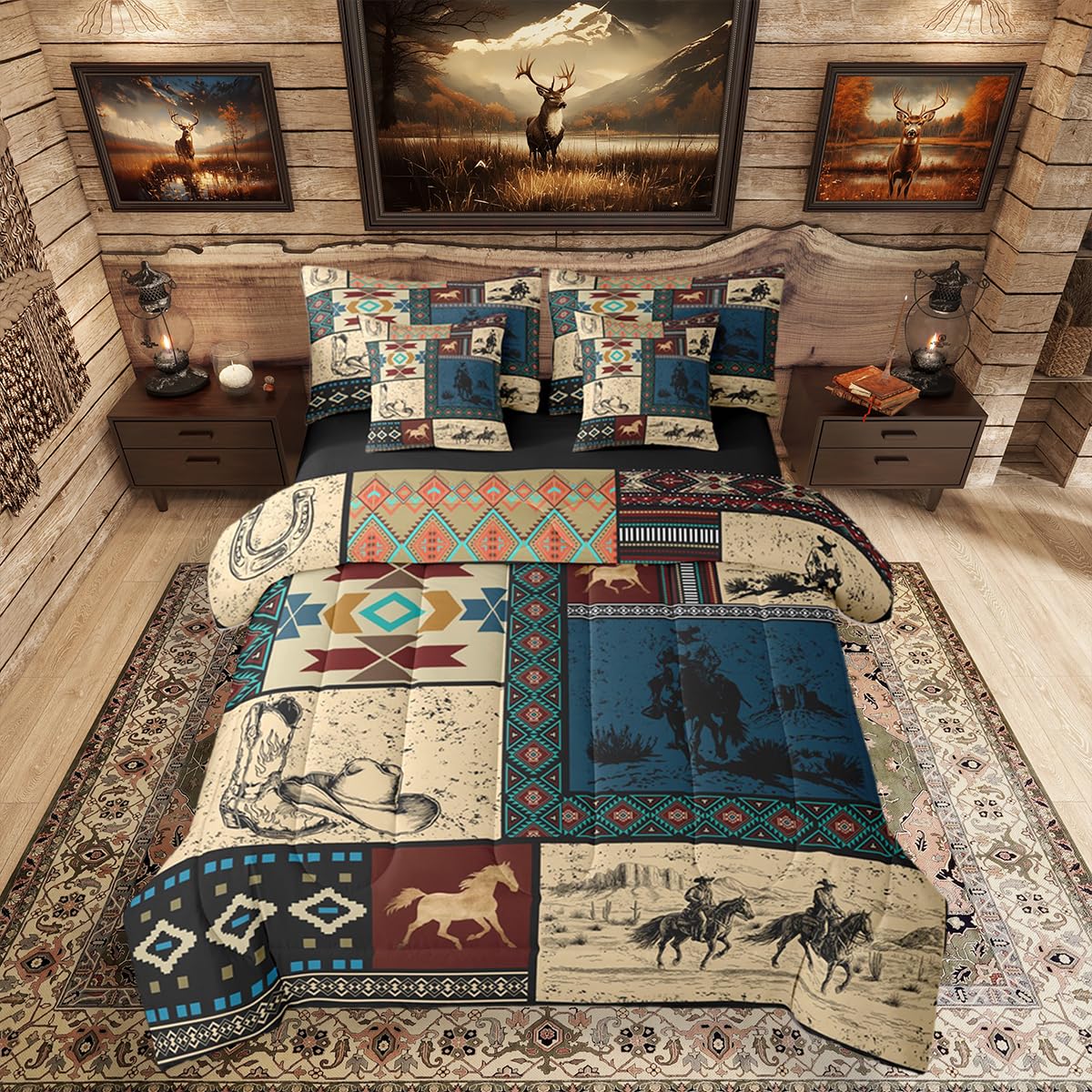Erosebridal 7 Pieces Western Cowboy Bedding Set Full Size | Cowgirl Patchwork Southwestern Comforter Set for Kids Teens Adults Country Farmhouse Bed in A Bag Horse Rustic Cabin Bedding Collections